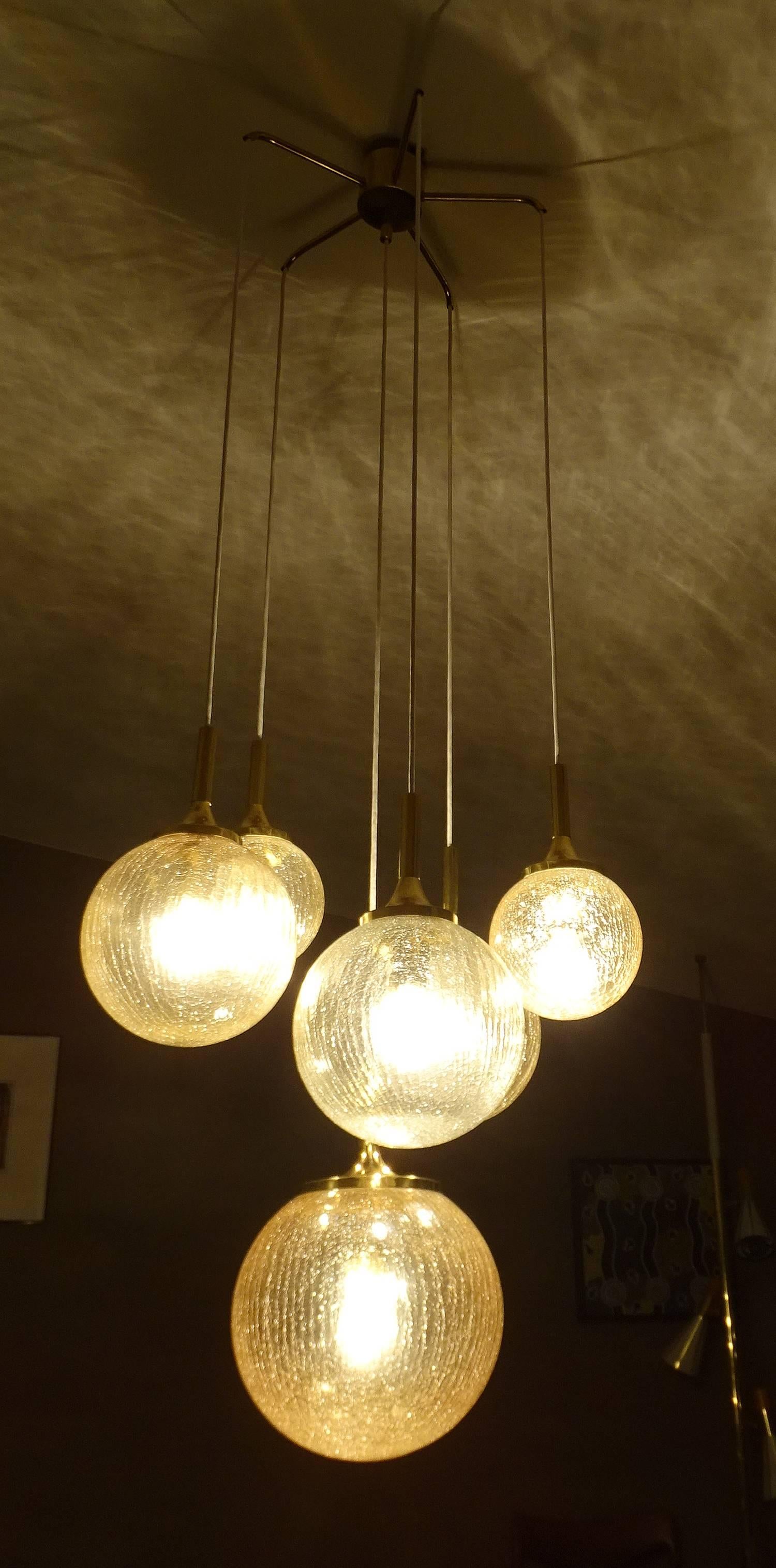 German Limburg Cascade Design Brass and Crashed Glass Globe Chandelier Pendant LIghts