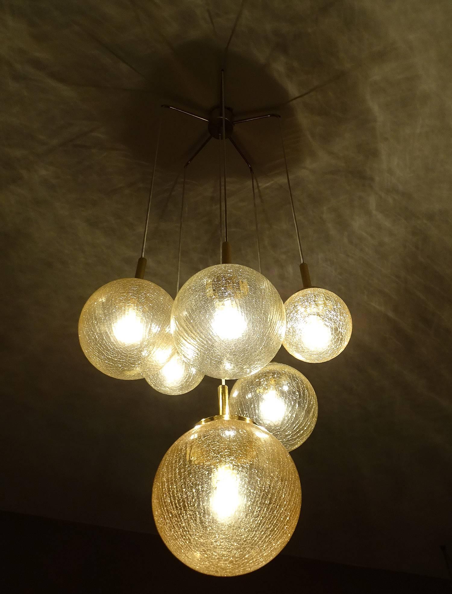 Late 20th Century Limburg Cascade Design Brass and Crashed Glass Globe Chandelier Pendant LIghts