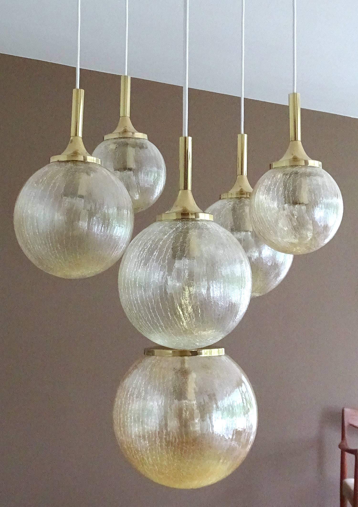 Limburg Cascade Design Brass and Crashed Glass Globe Chandelier Pendant LIghts In Excellent Condition In Bremen, DE
