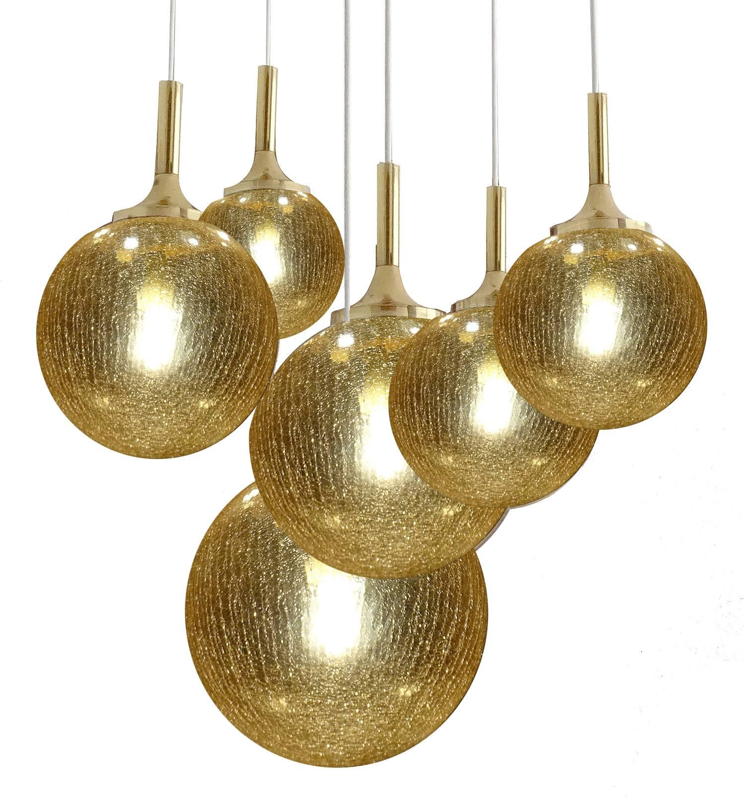 Limburg Cascade Design Brass and Crashed Glass Globe Chandelier Pendant LIghts