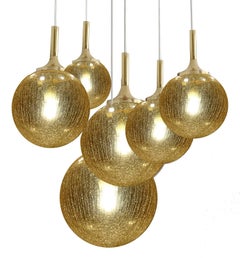 Vintage Limburg Cascade Design Brass and Crashed Glass Globe Chandelier Pendant LIghts