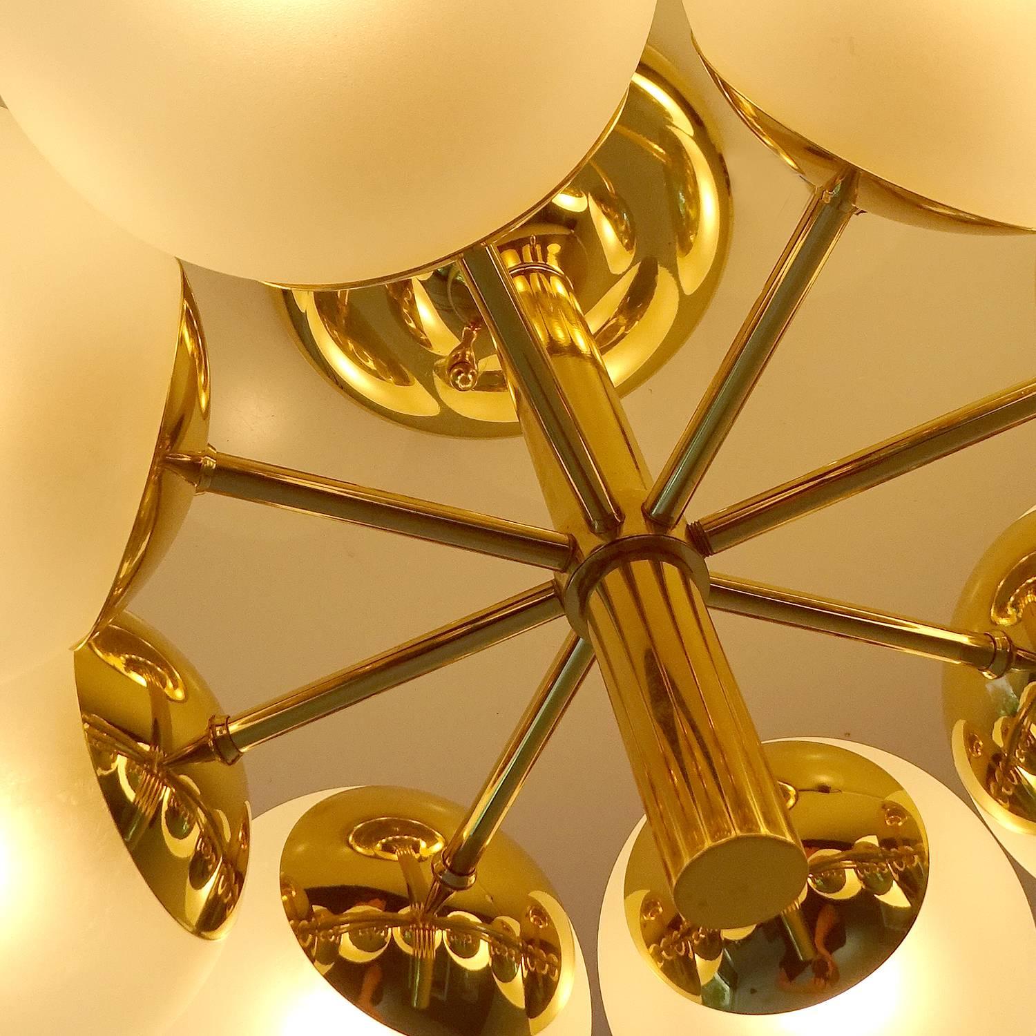   Kaiser Brass & Glass Globes Chandelier, 1960s Stilnovo Style   2