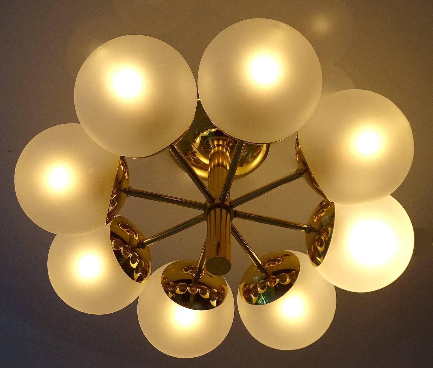 German   Kaiser Brass & Glass Globes Chandelier, 1960s Stilnovo Style  