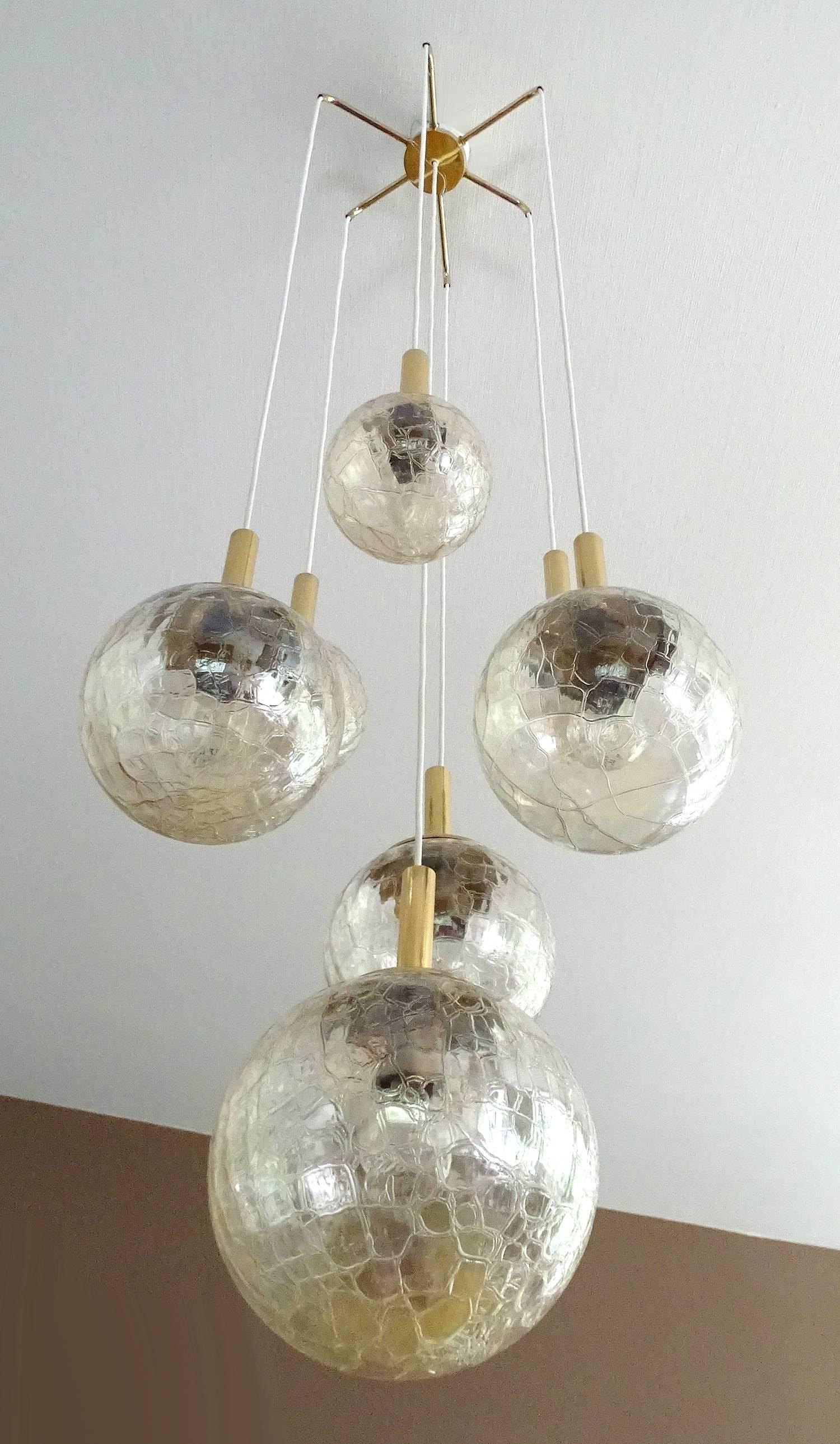 Mid-Century Modern Very Large Doria Tier Glass Globes Chandelier Modernist Brass Pendant Lamp