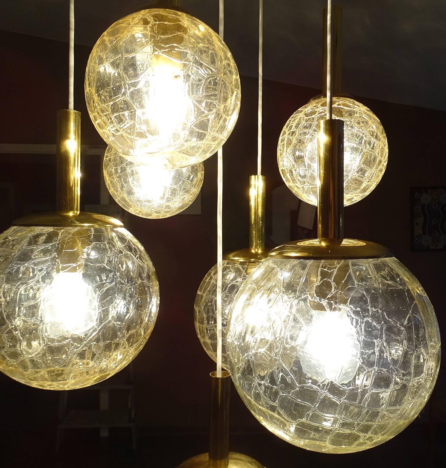 Late 20th Century Very Large Doria Tier Glass Globes Chandelier Modernist Brass Pendant Lamp