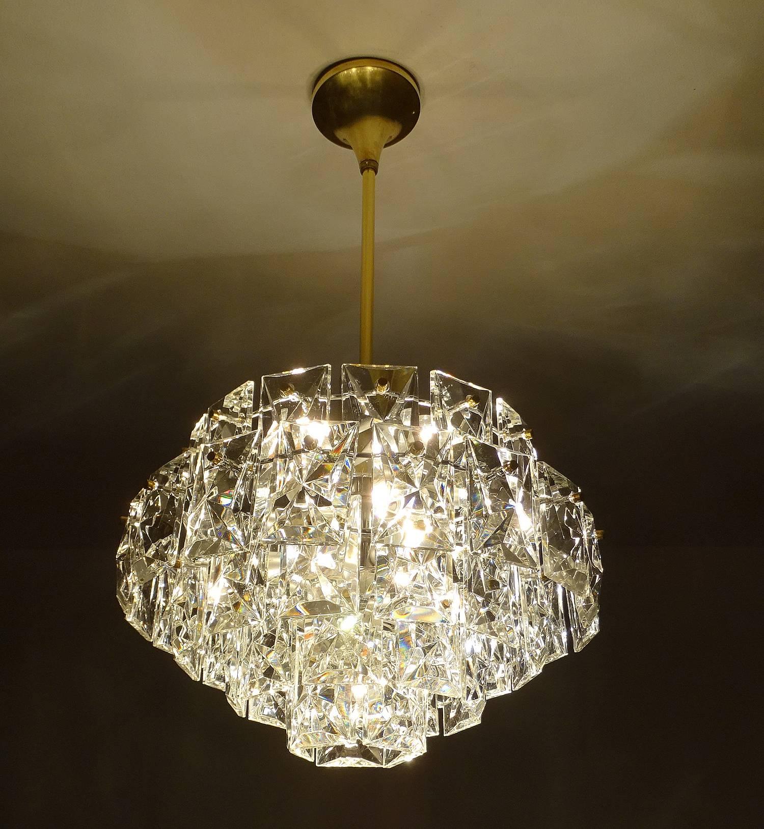 Mid-Century Modern Mid-Century Kinkeldey Brass Pendant Lamp Chandelier with Square Glass Crystals