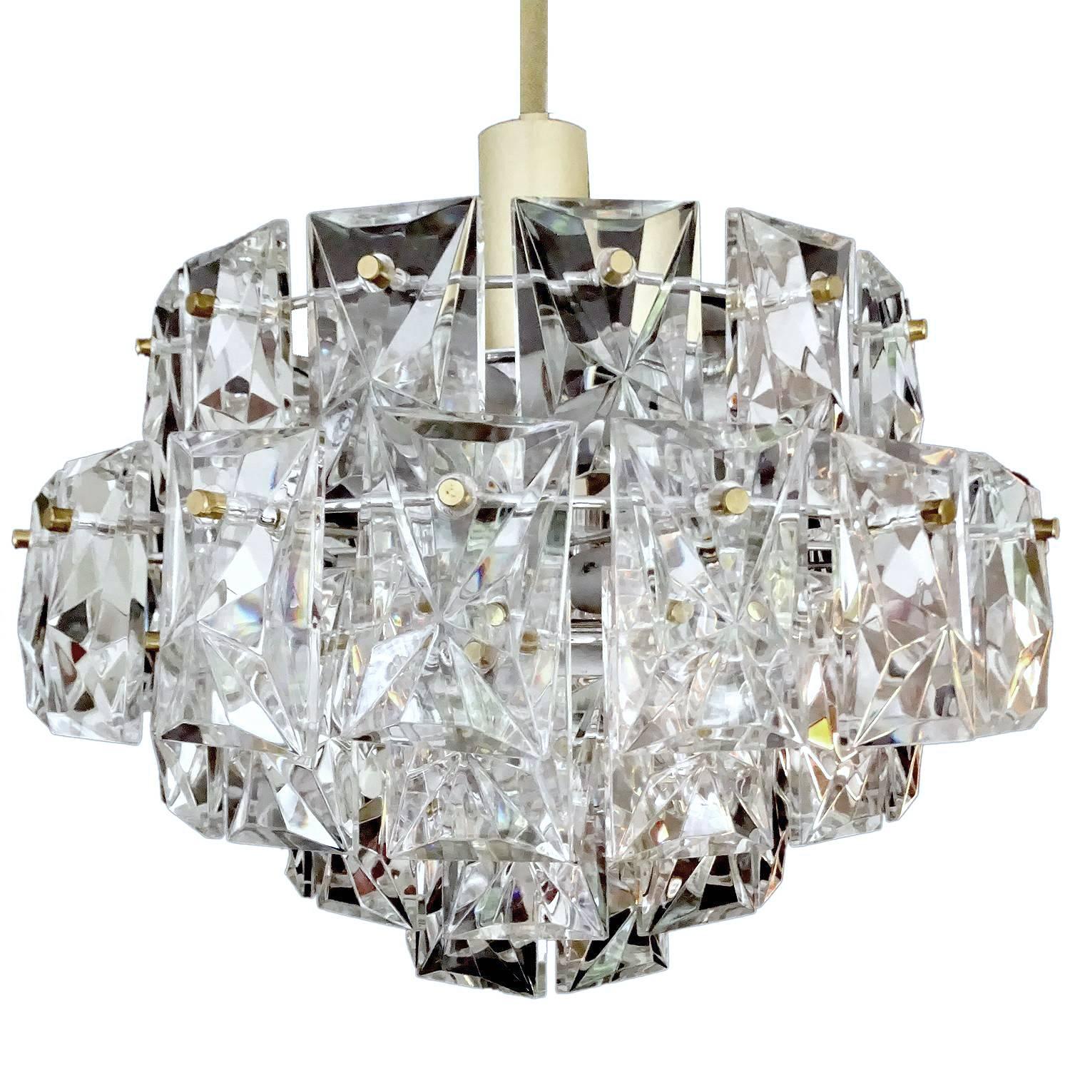 Mid-Century Kinkeldey Brass Pendant Lamp Chandelier with Square Glass Crystals