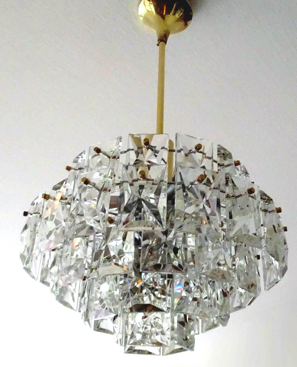 German Mid-Century Kinkeldey Brass Pendant Lamp Chandelier with Square Glass Crystals