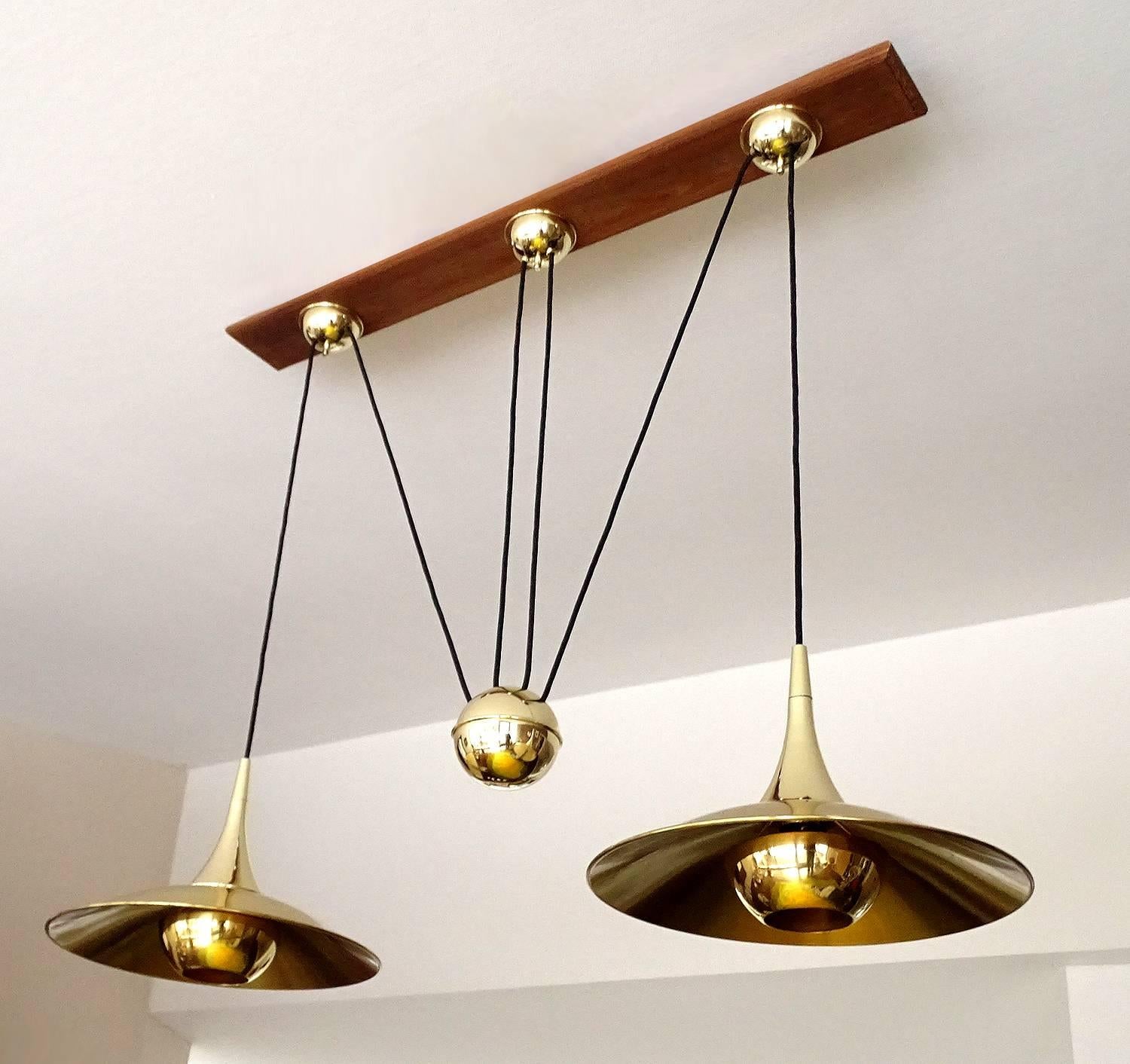 Mid-Century Modern Very Large Pair Brass Counterweight Chandelier  Pendant Lamp Schultz Era