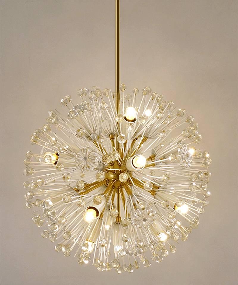 Mid-Century Modern Stejnar Sputnik Flower Glass Crystal Brass Chandelier, Stilnovo Gio Ponti Era 