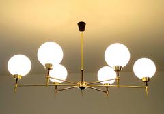 Large Linear French Glass Globes and Brass Chandelier, Stilnovo Style Light