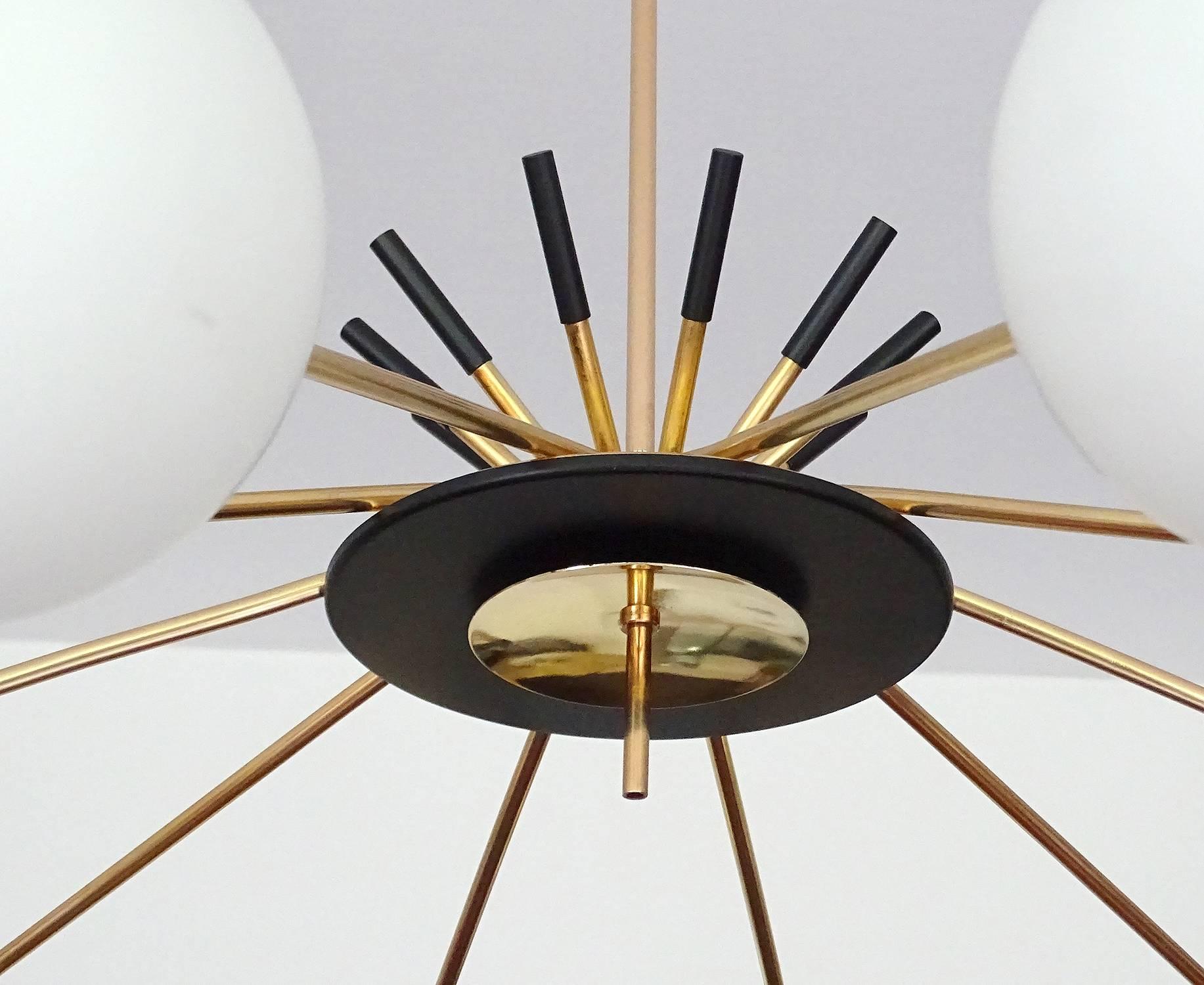 Large Stilnovo Sunburst Brass Design Chandelier, 1950s Modernist Pendant Lamp 1