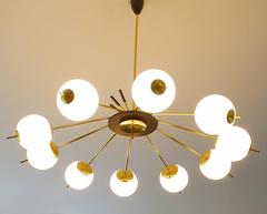 Large Stilnovo Sunburst Brass Design Chandelier, 1950s Modernist Pendant Lamp