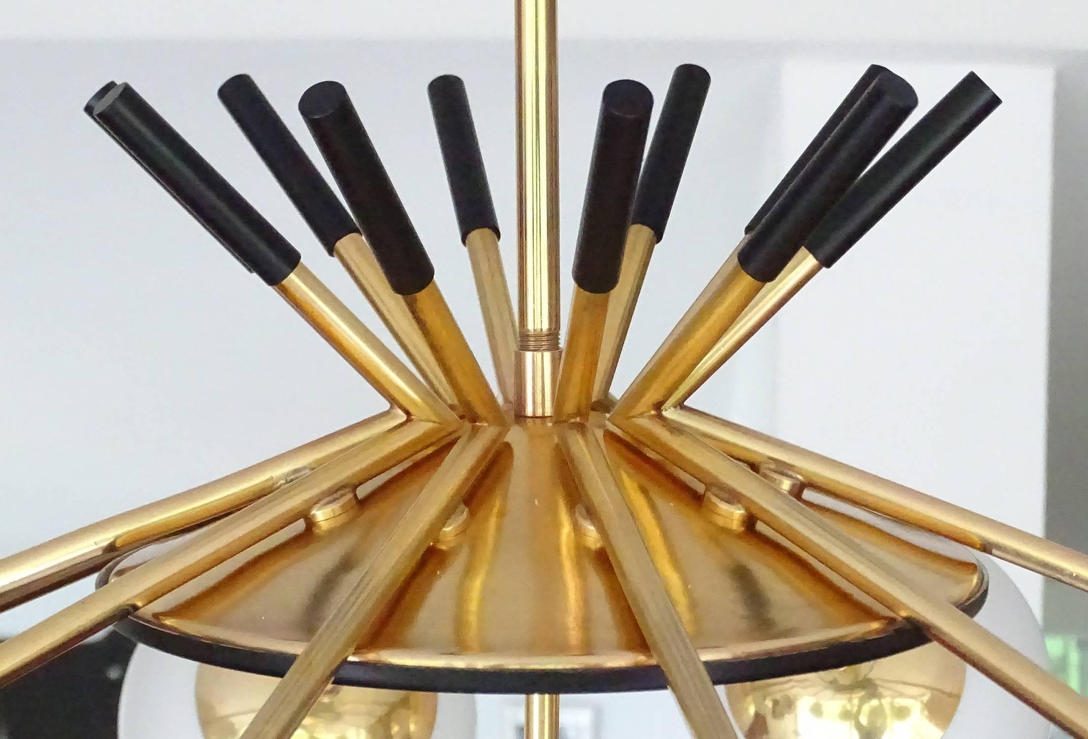 Large Stilnovo Sunburst Brass Design Chandelier, 1950s Modernist Pendant Lamp 2
