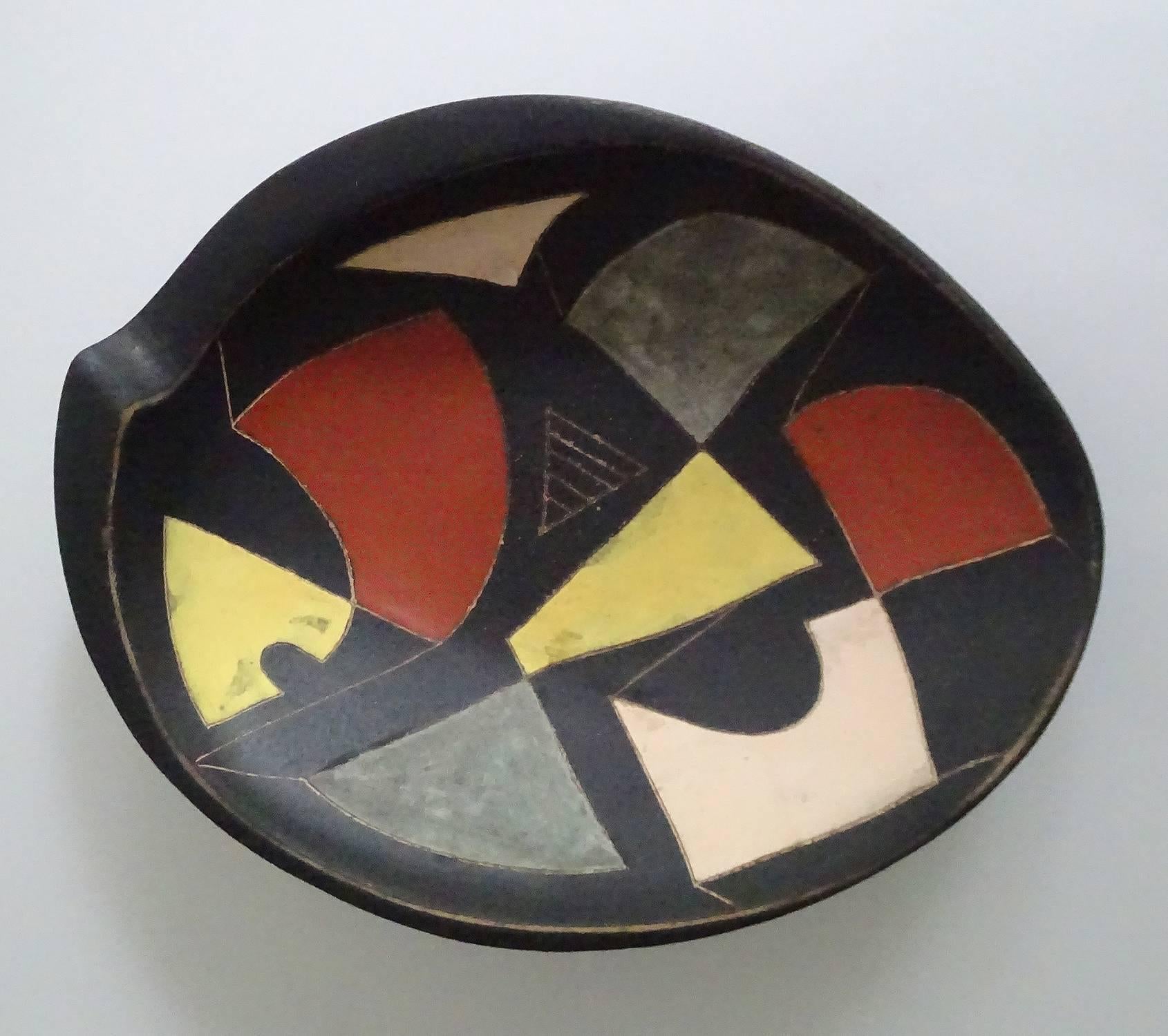 Mid-Century Modern MidCentury Modernist Abstract Art Painting Ceramic Bowl, Capron Orlando Era For Sale