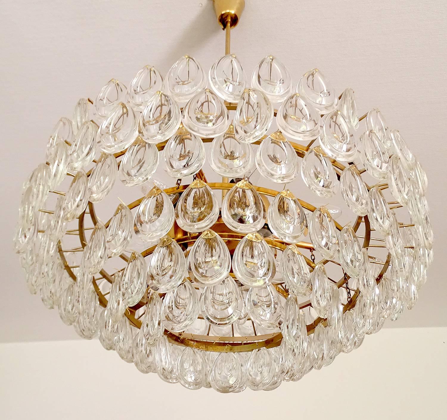 Large  Palwa Glass Brass Crystal Chandelier Pendant Light, Gio Ponti Era  1