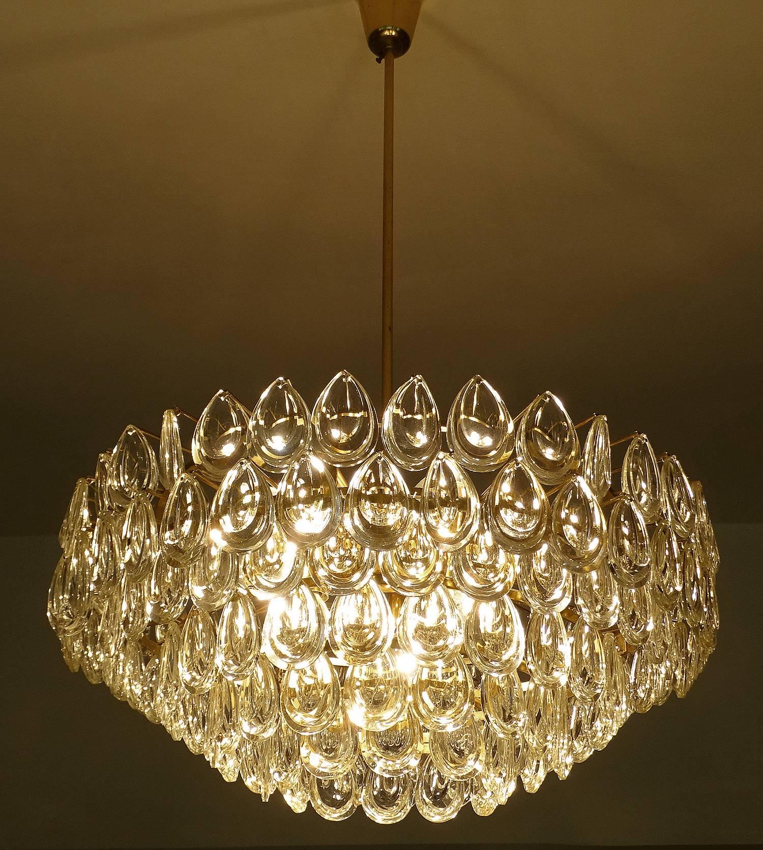 Mid-Century Modern Large  Palwa Glass Brass Crystal Chandelier Pendant Light, Gio Ponti Era 