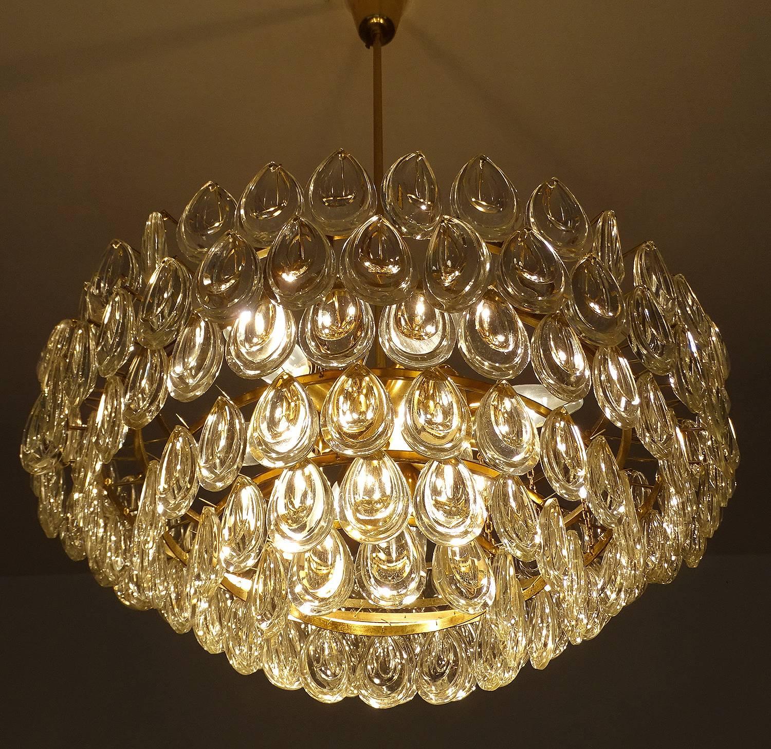 Mid-20th Century Large  Palwa Glass Brass Crystal Chandelier Pendant Light, Gio Ponti Era 