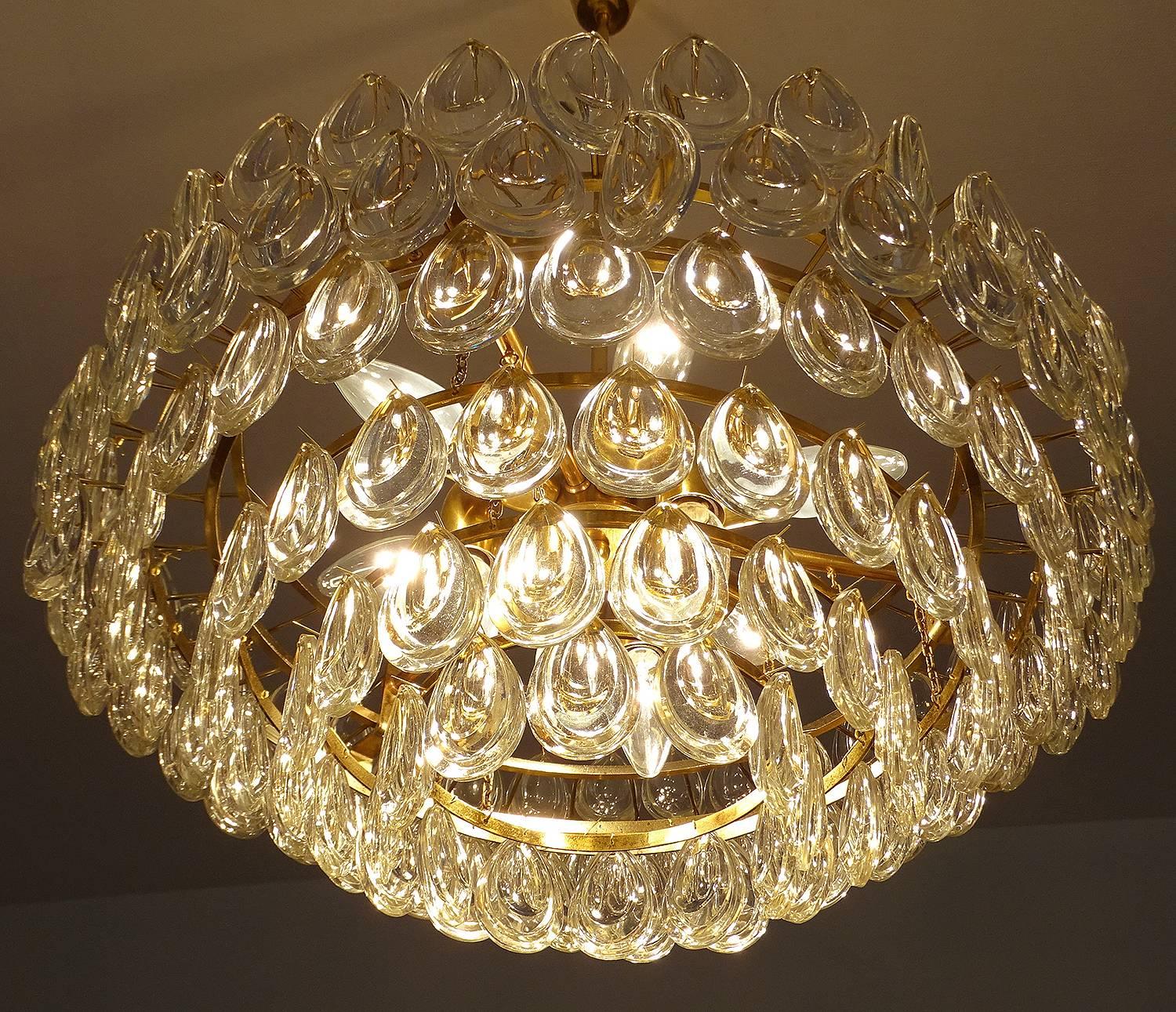 Large  Palwa Glass Brass Crystal Chandelier Pendant Light, Gio Ponti Era  2