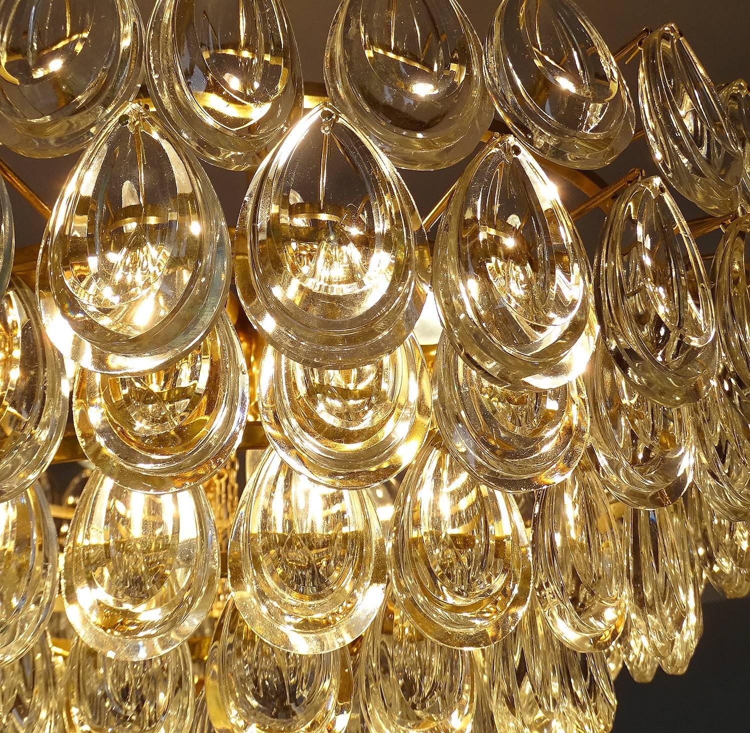 Large  Palwa Glass Brass Crystal Chandelier Pendant Light, Gio Ponti Era  4