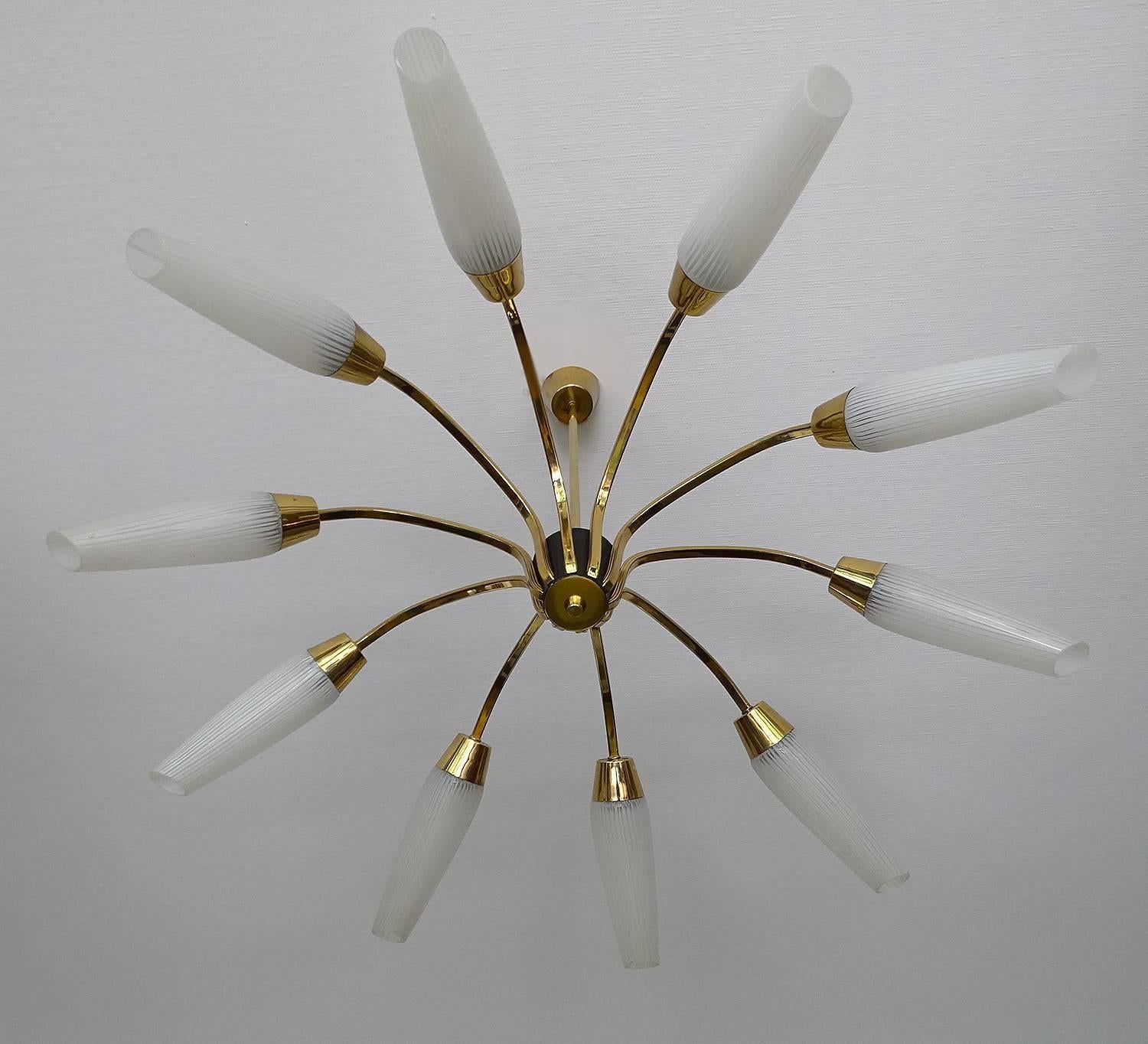 Mid-20th Century Large Austrian 10 Lights Brass Glass Sputnik Chandelier, Stilnovo Gio Ponti Era 