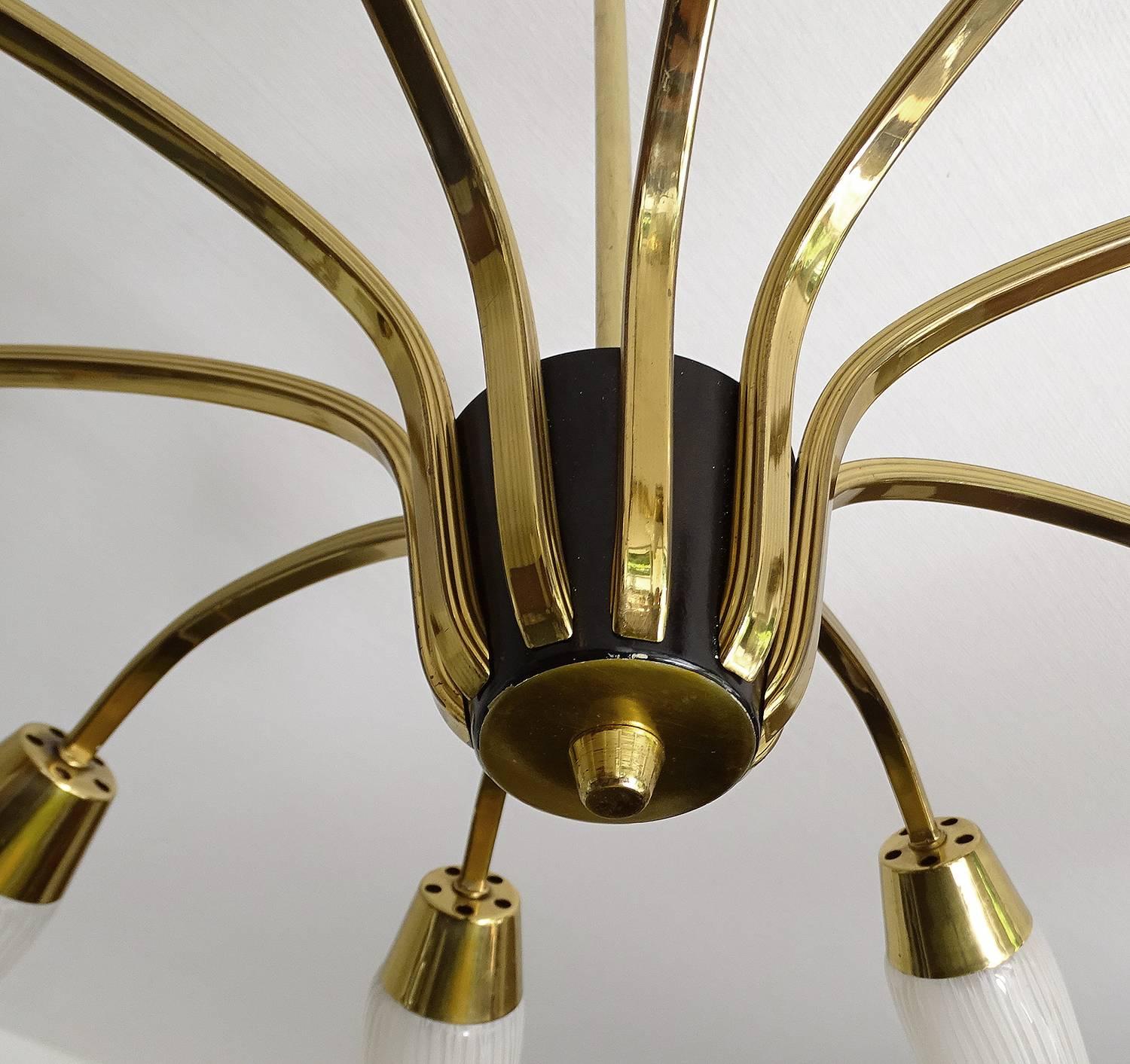 Large Austrian 10 Lights Brass Glass Sputnik Chandelier, Stilnovo Gio Ponti Era  5