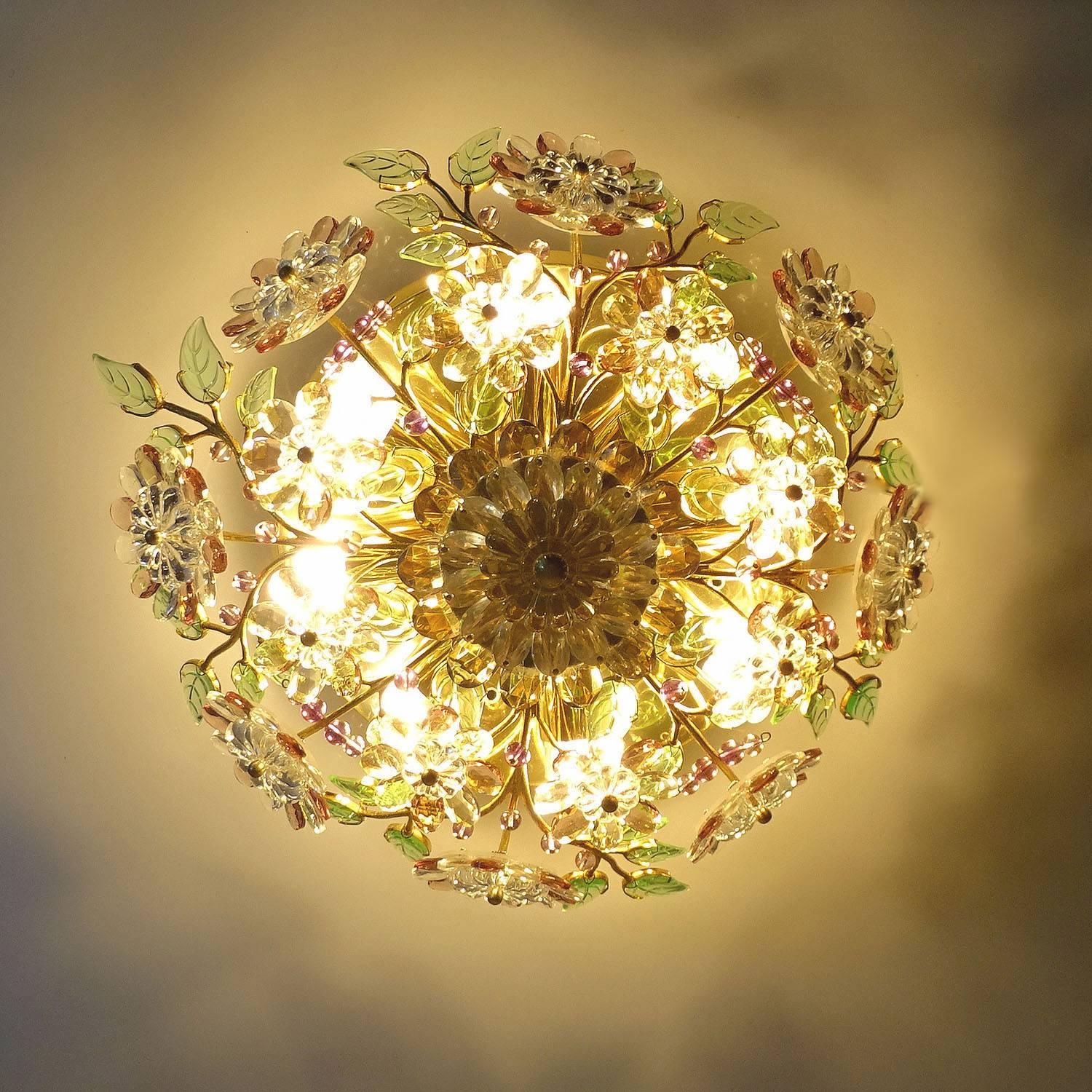 German Mid-Century Gilded Brass and Crystal Flowers Flush Light by Palwa, Pendant Lamp