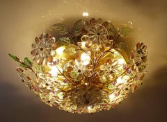 Mid-Century Gilded Brass and Crystal Flowers Flush Light by Palwa, Pendant Lamp