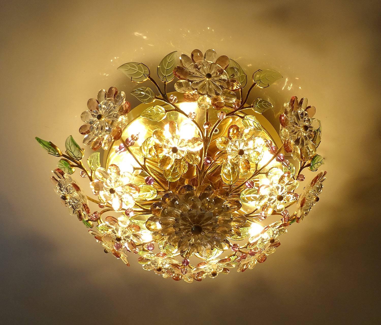Mid-20th Century Mid-Century Gilded Brass and Crystal Flowers Flush Light by Palwa, Pendant Lamp