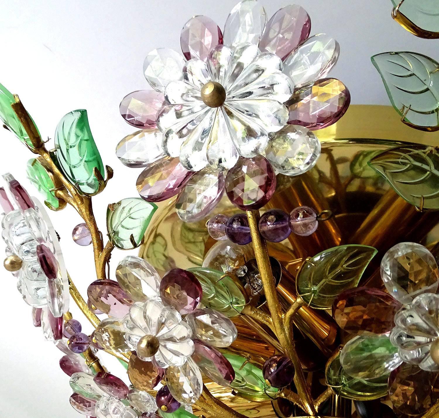 Mid-Century Gilded Brass and Crystal Flowers Flush Light by Palwa, Pendant Lamp 4