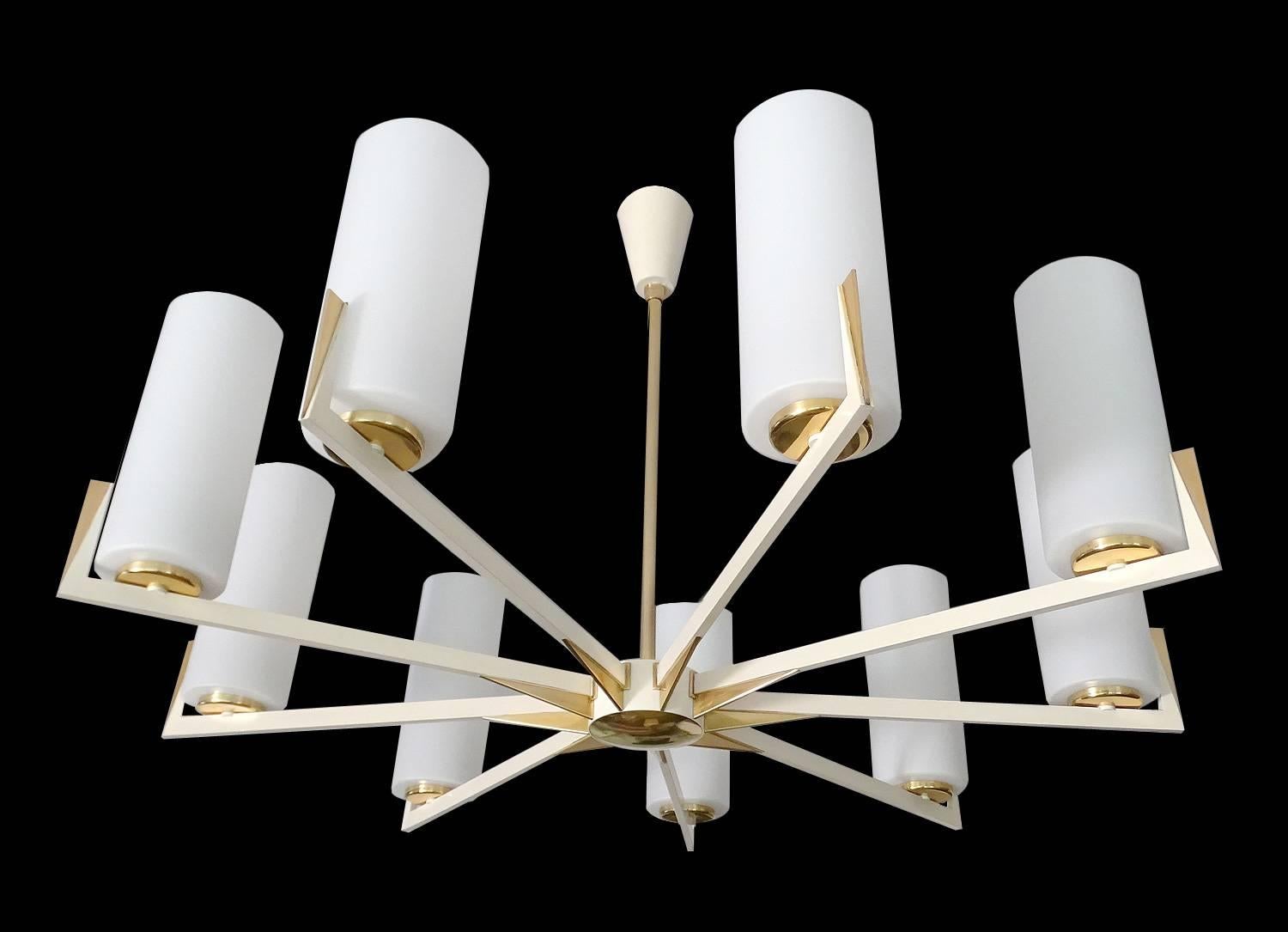 Mid-Century Modern Large Italian Mid Century Nine Spokes Chandelier,  Stilnovo Style Pendant Lamp