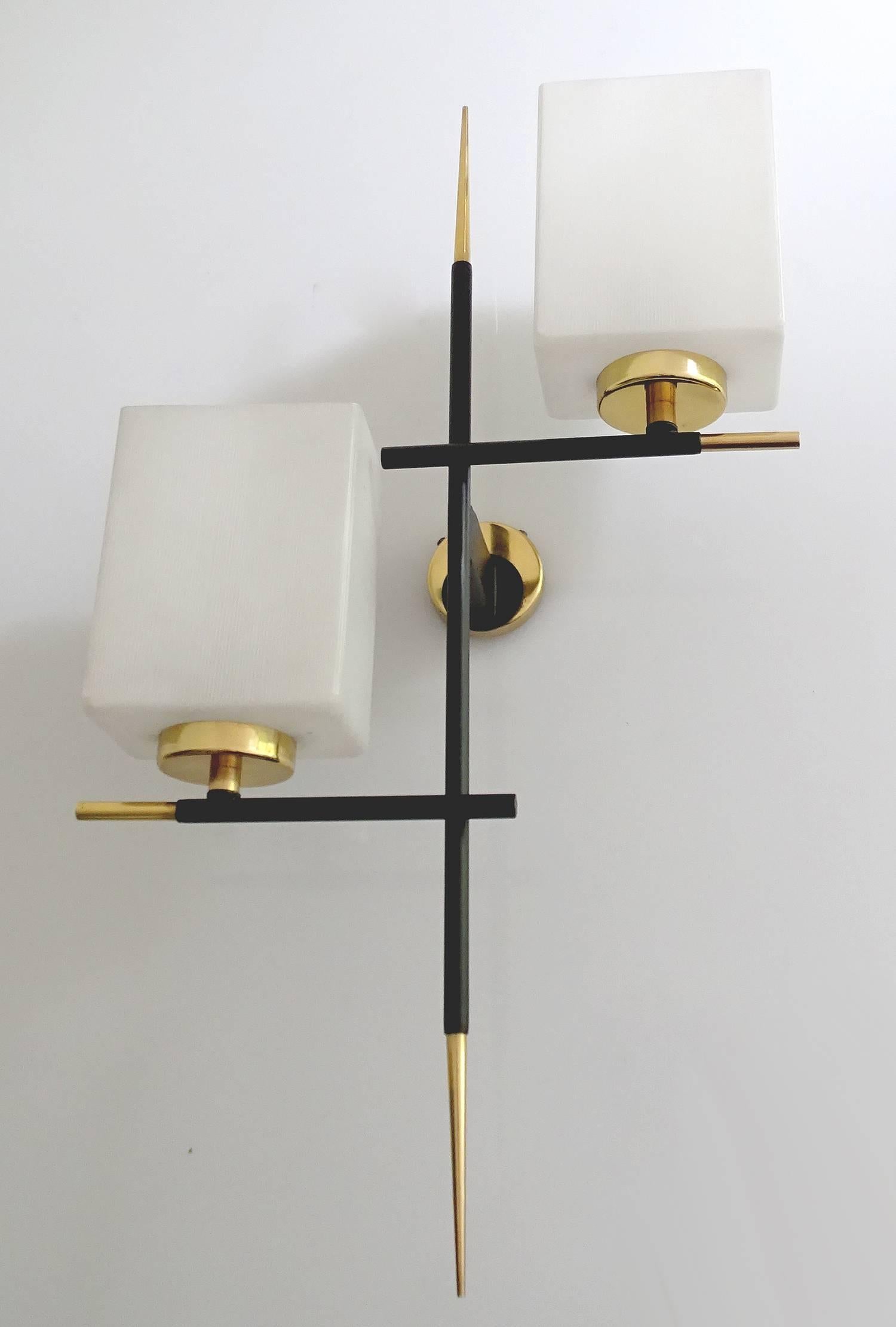 Mid-20th Century Pair Large Lunel  Brass Glass  Mirror Vanity Sconces  