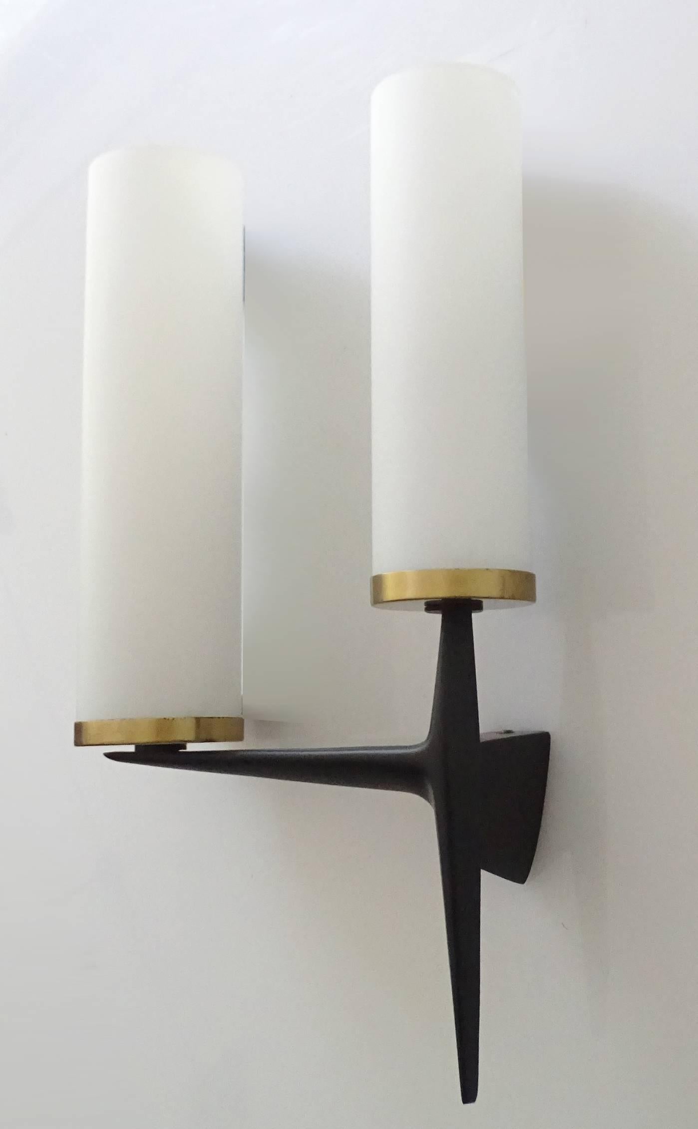 Mid-20th Century Pair French Maison Arlus Glass Mirror Vanity Sconces, Stilnovo  Gio Ponti Era