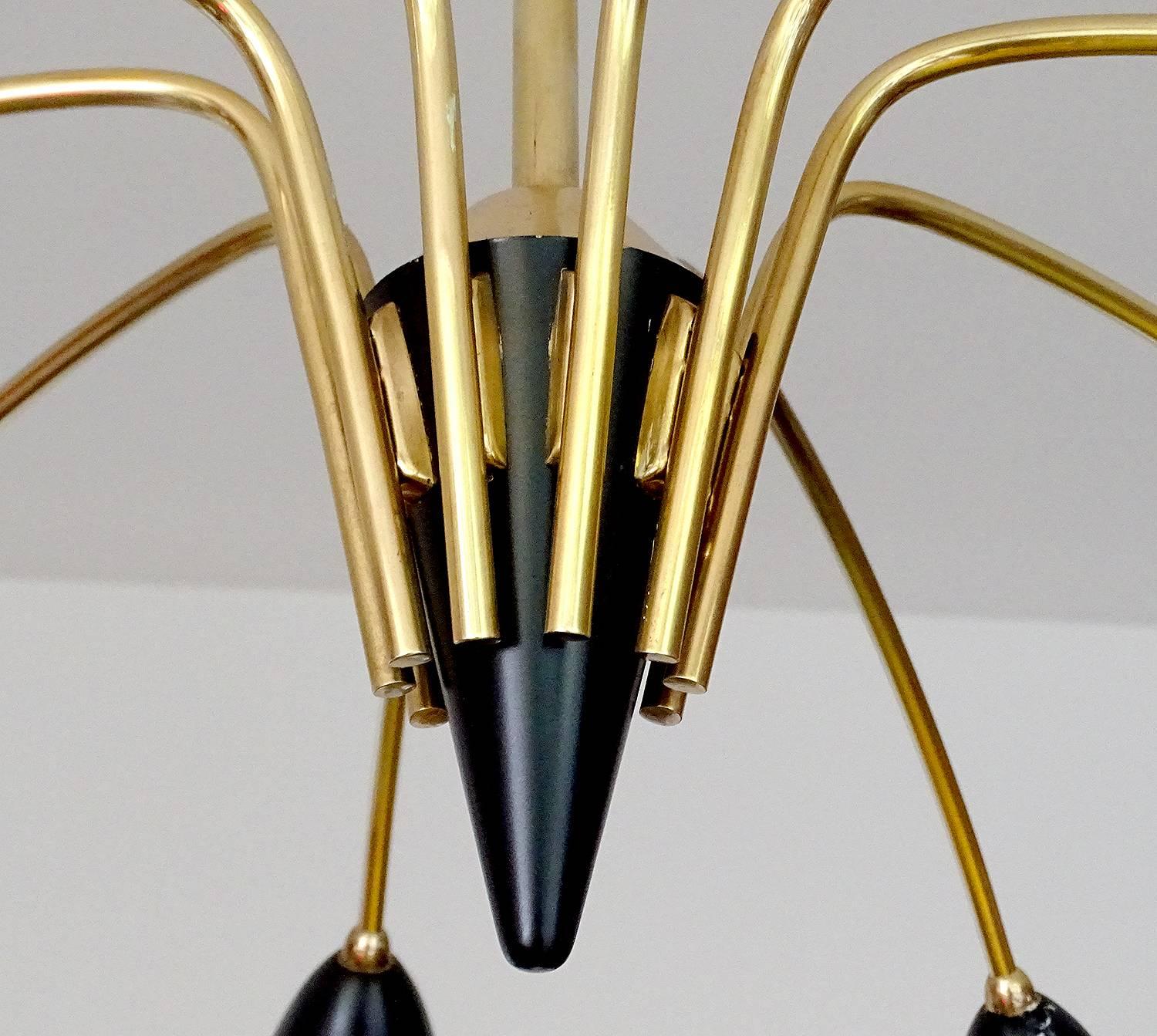 Large Italian MidCentury Brass Glass Sunburst Sputnik Chandelier Pendant, 1960s 4