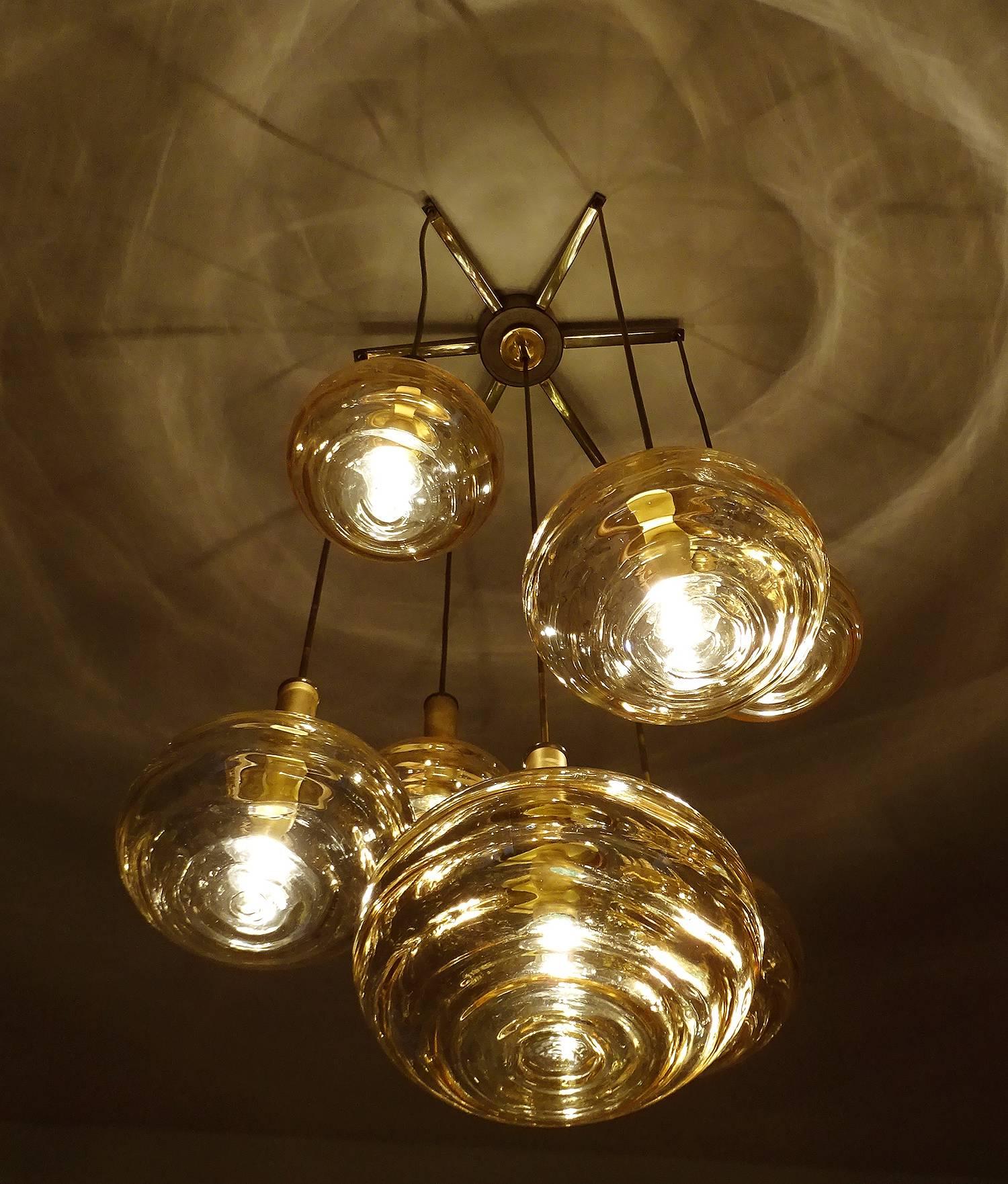 German Large 7 Lights Limburg Cascade Overally  Glass Globes Brass Chandelier