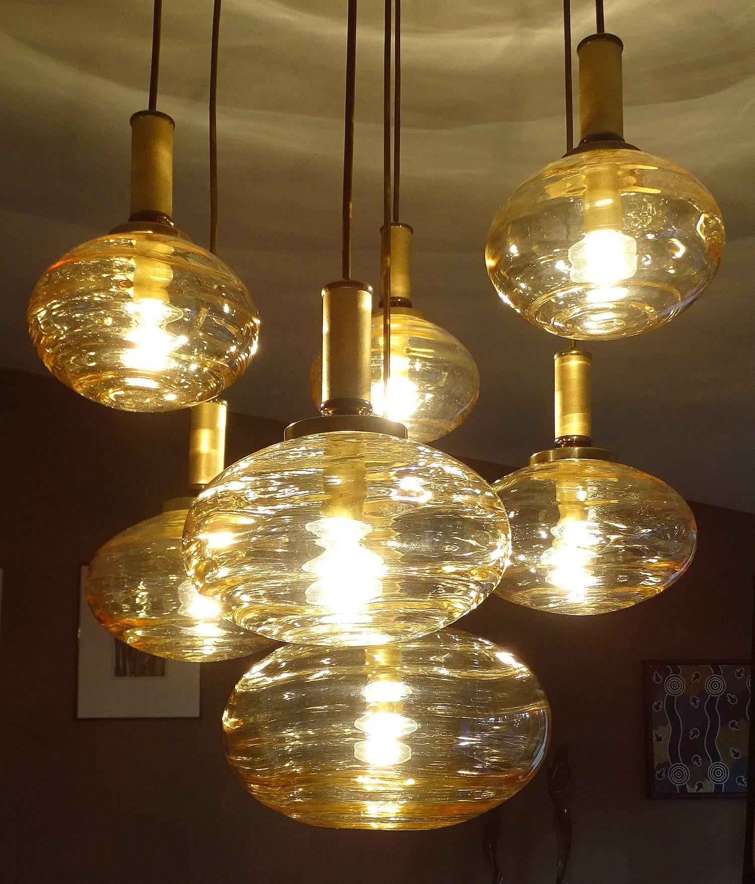 Late 20th Century Large 7 Lights Limburg Cascade Overally  Glass Globes Brass Chandelier