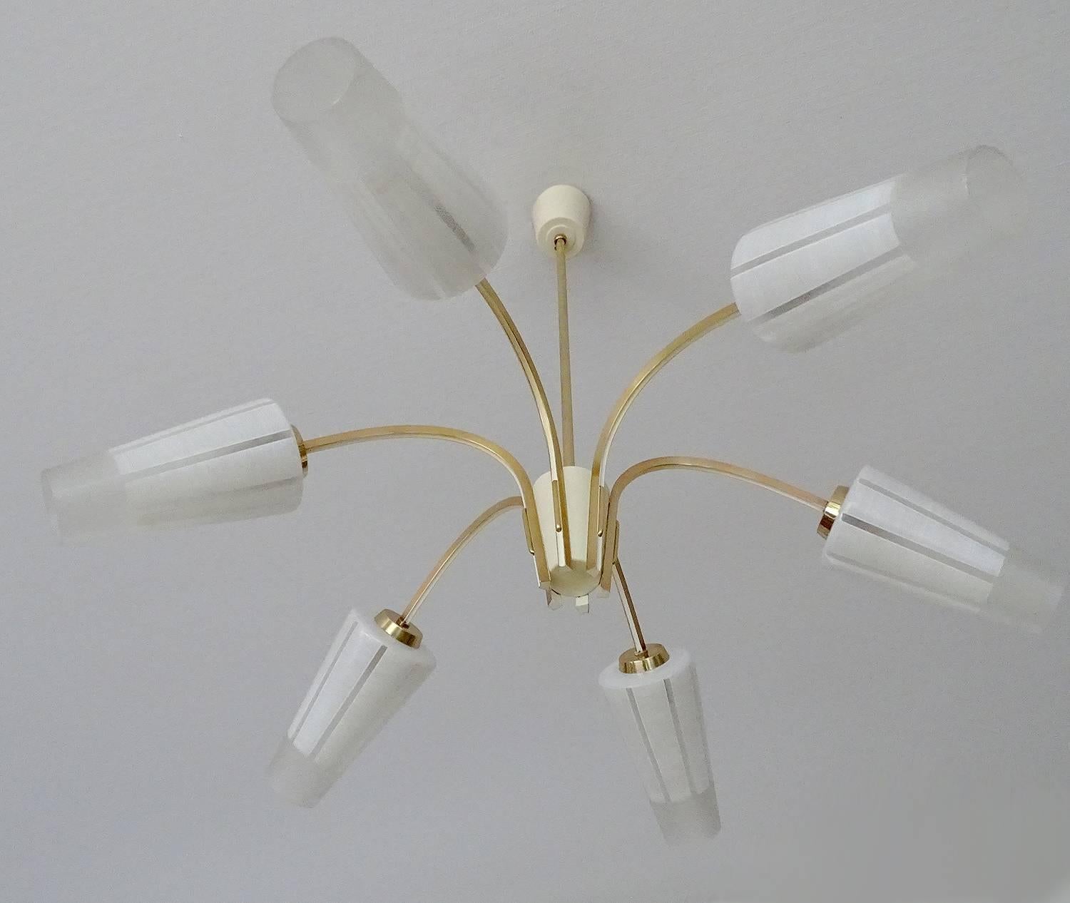 Mid-20th Century Mid Century Italian Brass Glass Chandelier Pendant Light, Stilnovo  Ponti Era  For Sale