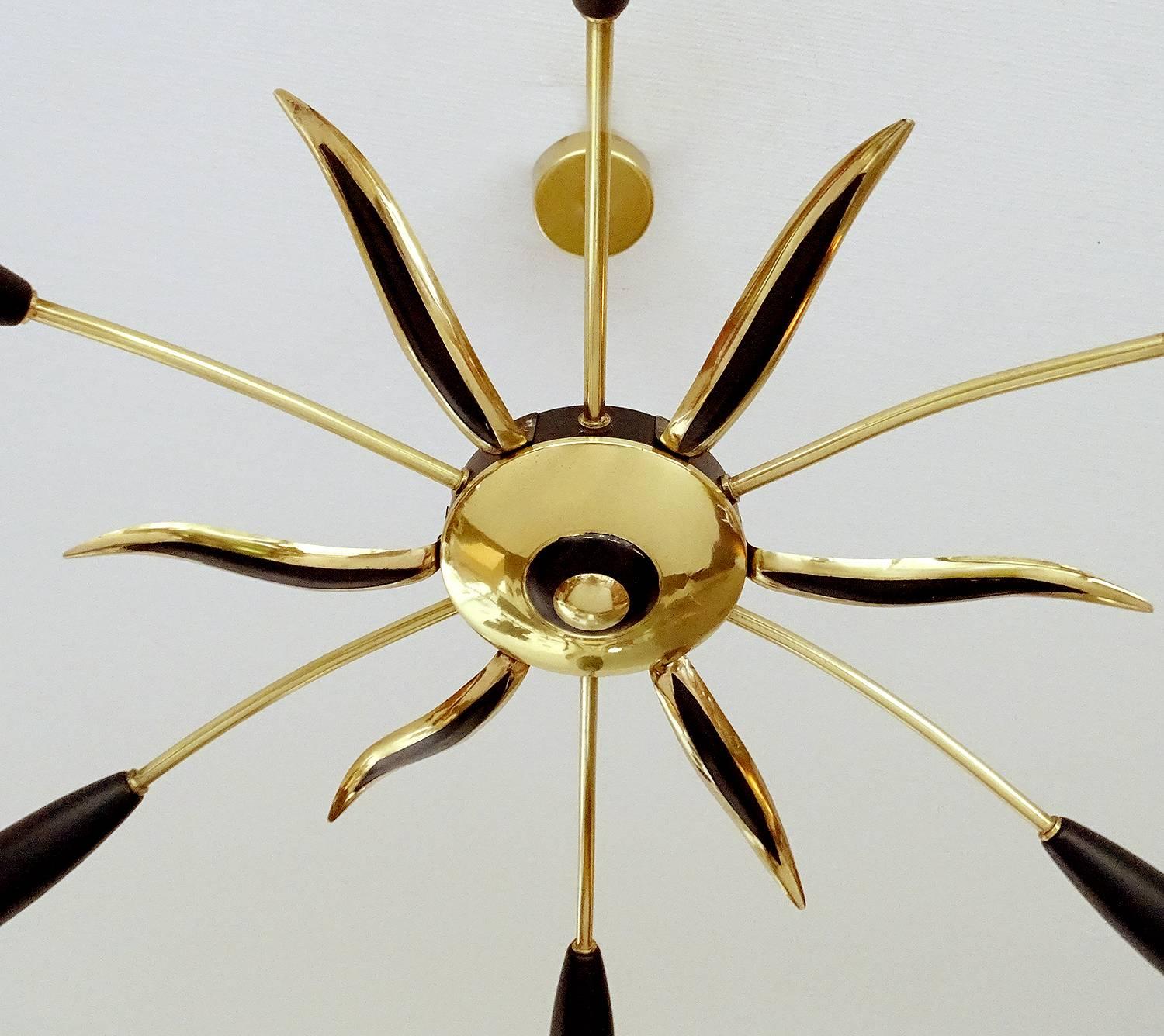 Large Austrian Sputnik Six Light Brass Glass Chandelier, Stilnovo Gio Ponti Era  3