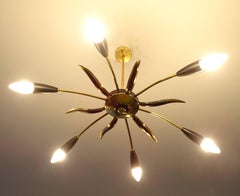 Large Austrian Sputnik Six Light Brass Glass Chandelier, Stilnovo Gio Ponti Era