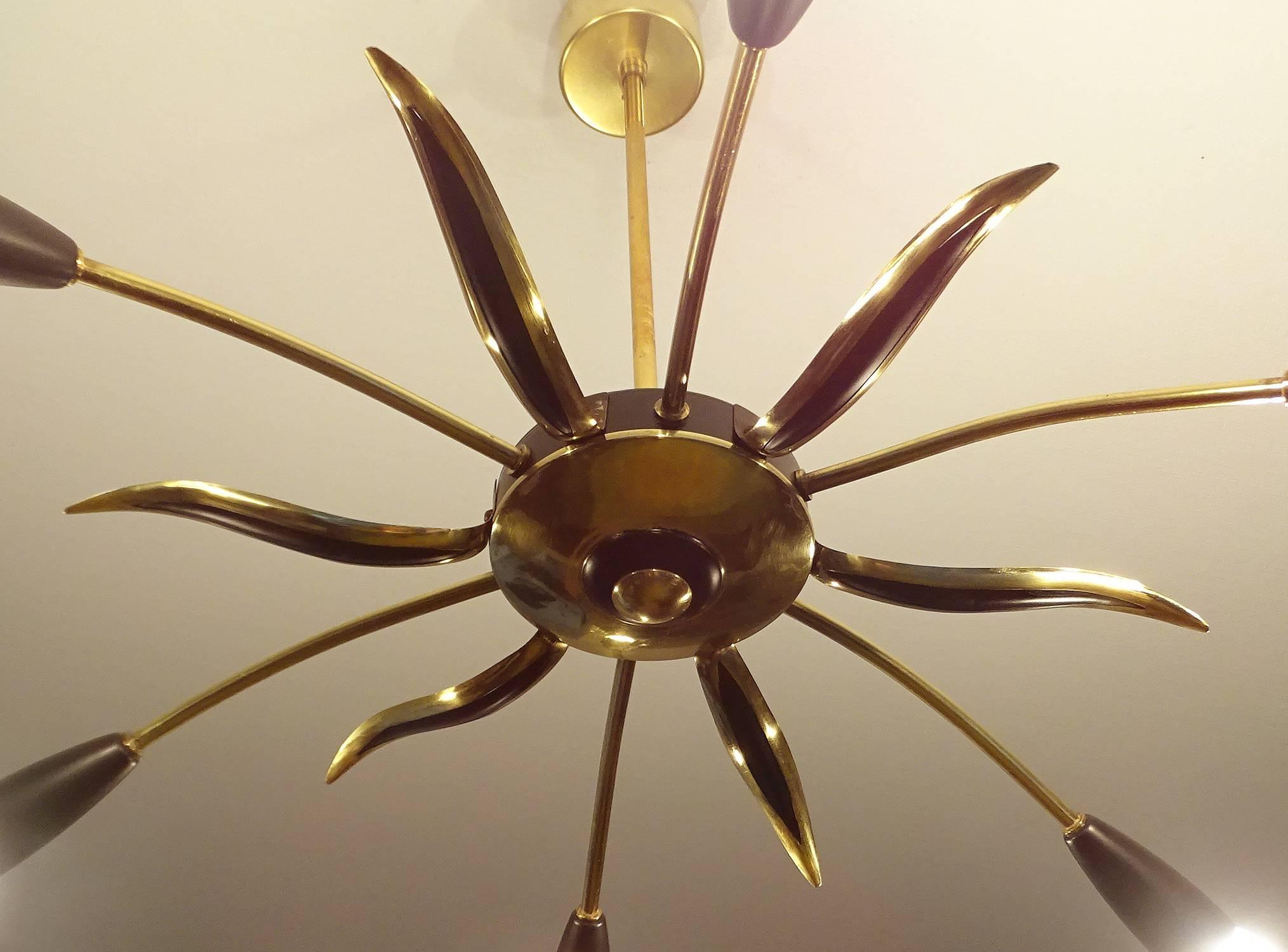 Large Austrian Sputnik Six Light Brass Glass Chandelier, Stilnovo Gio Ponti Era  2