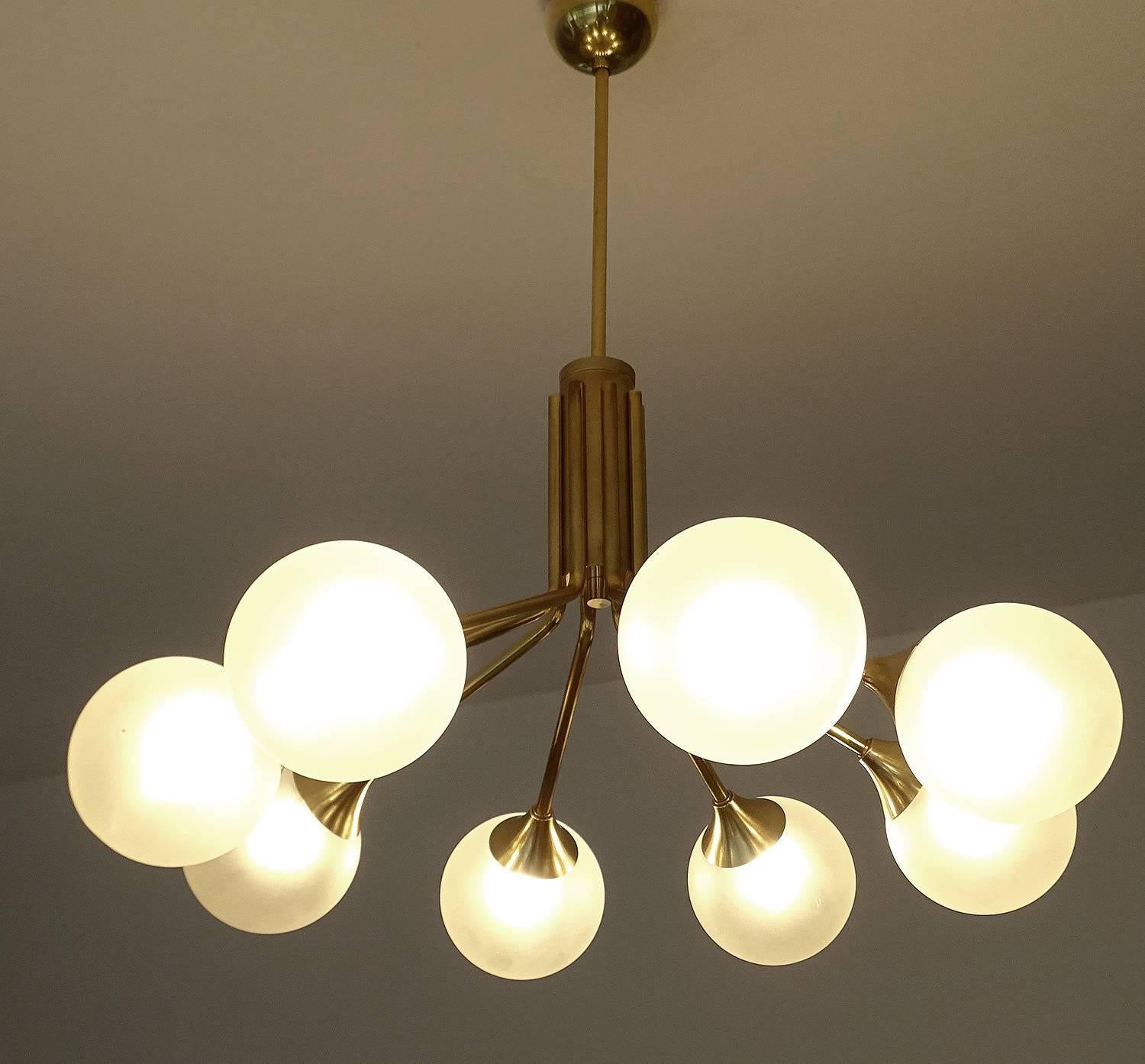 Mid-20th Century Large Mid Century Brass Glass Chandelier, 1960s  Stilnovo Style