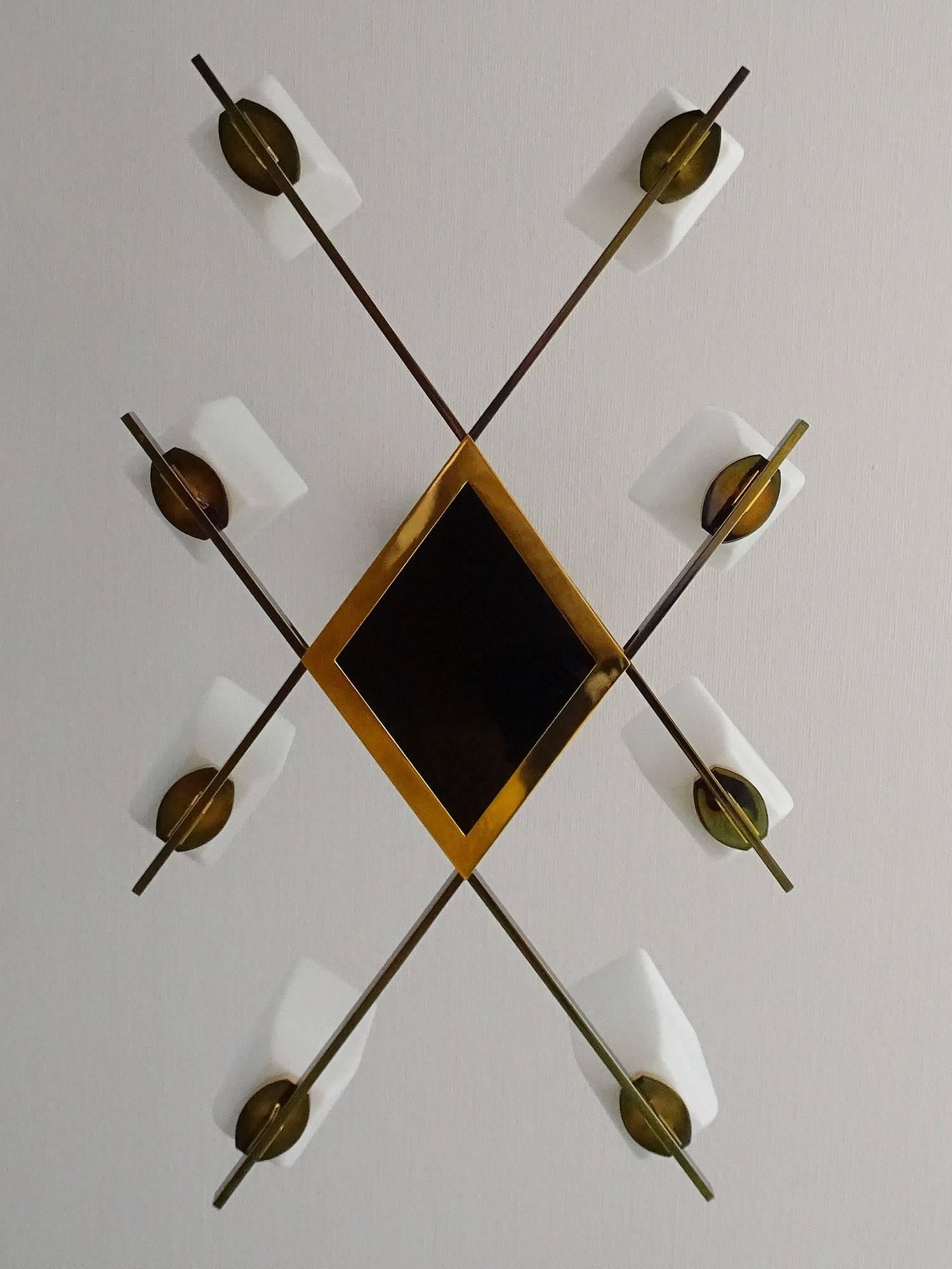 Large French Maison Arlus Brass Chandelier Glass Pendant, Stilnovo Gio Ponti Era 1