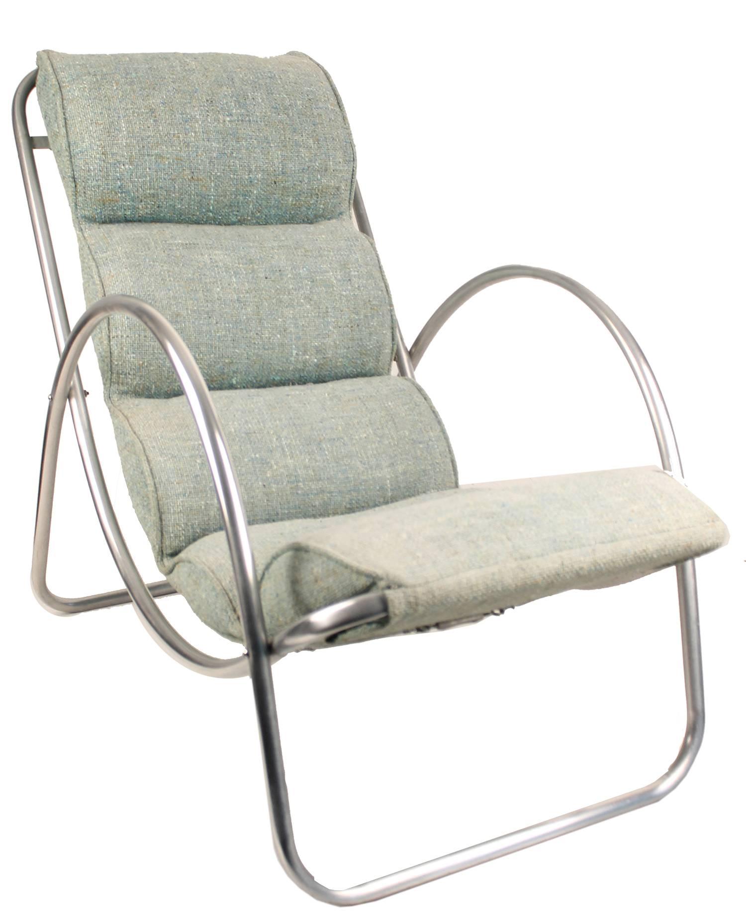 Art Deco lounge chairs, made by the Halliburton Company, circa 1930s. 

Richard Neutra used examples of these chairs for some of his earliest modernist commissions. 

All aluminum frame and original cushions, the light turquoise-greenuish-blue