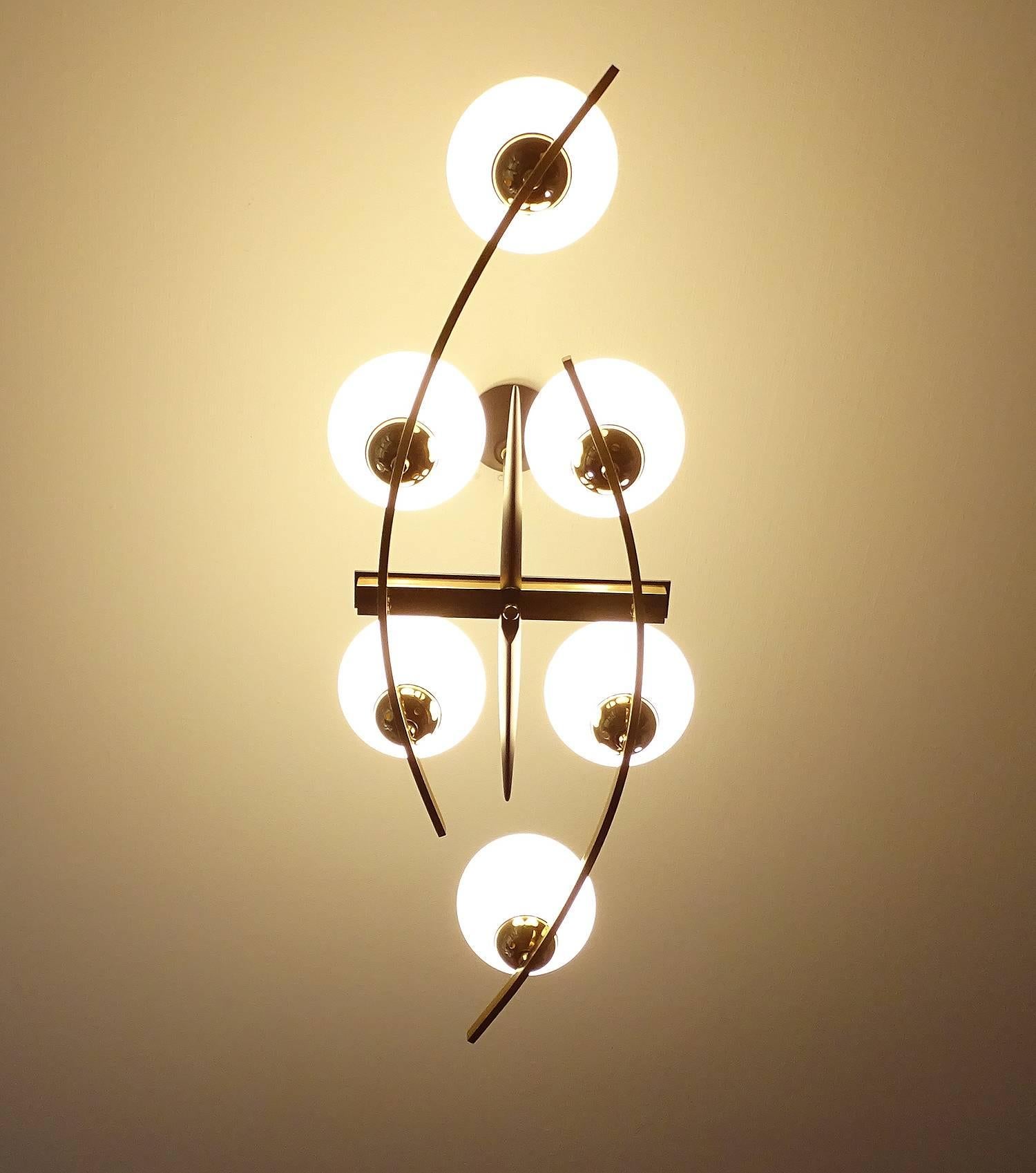 Large French Maison Arlus Brass Chandelier Glass Pendant, Stilnovo Gio Ponti Era 2