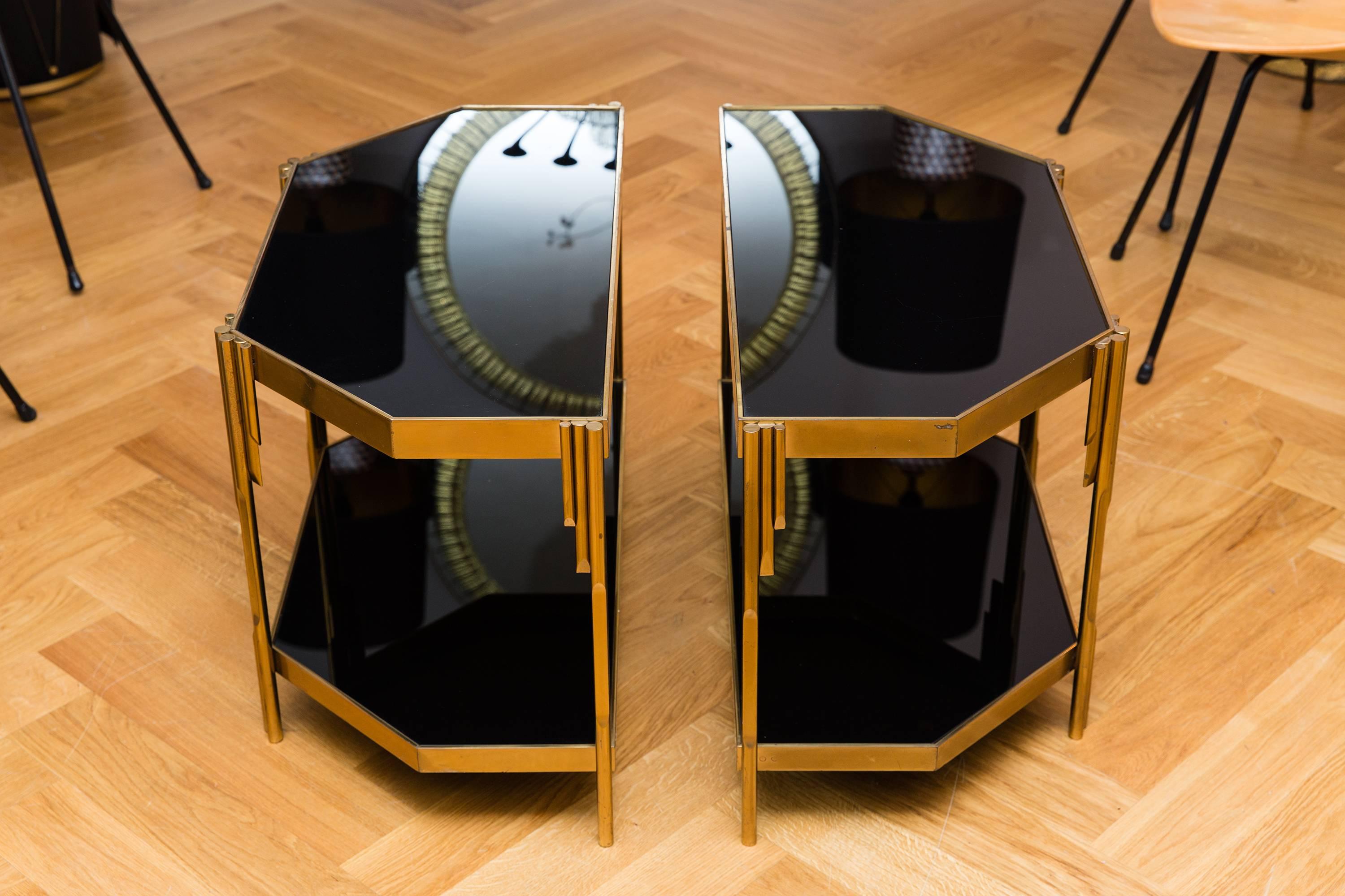 Two occasional tables by Luciano Frigerio, Model Achille, turned brass elements, black opal glass, Manufactured by Frigerio Di Desio, Italy, circa 1970.
Measure: Each height 47 x length 73 x depth 37 cm (together 74 cm)
Good vintage condition,