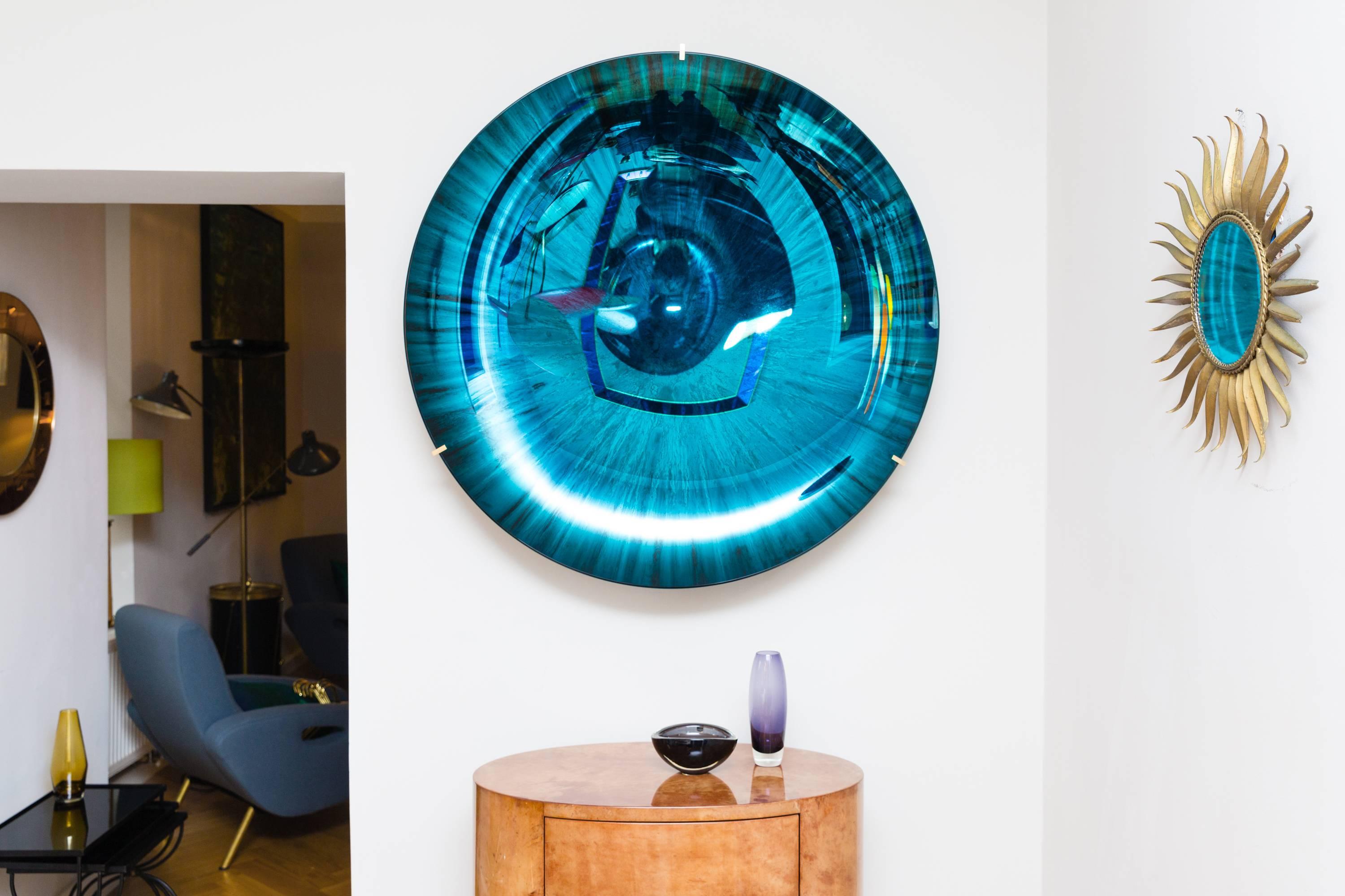 Amazing large concave mirror object by Christophe Gaignon, France 2017, unique piece, concave mirror glass bowl, blue and green reflections, brass mount suspension, signed on the backside. Perfect condition.