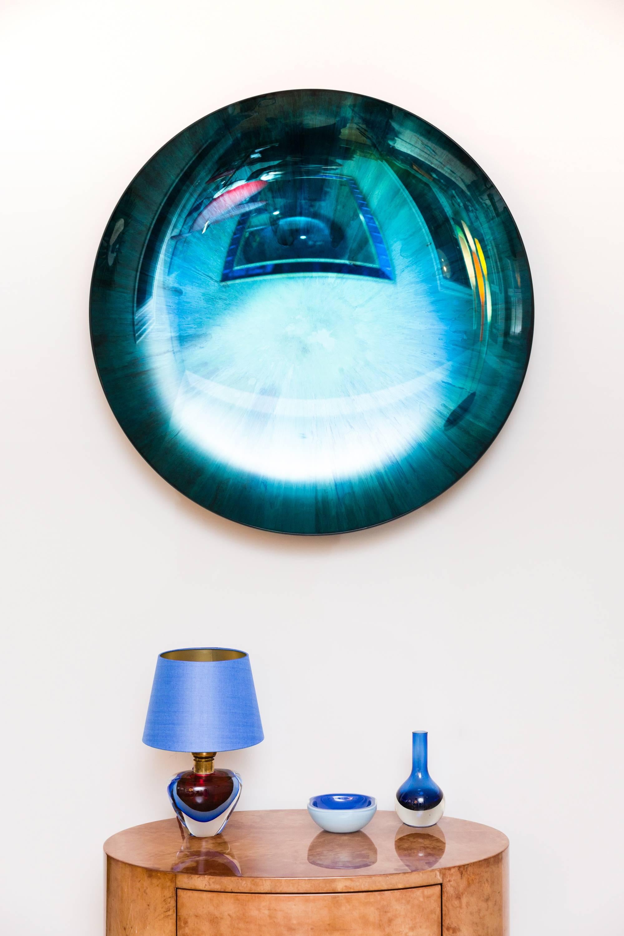 Amazing mirror object by Christophe Gaignon, France 2017, unique piece, concave mirror glass bowl, blue and green reflections, brass mount suspension, signed on the backside. Perfect condition, diameter 87 cm, depth 12,5 cm.