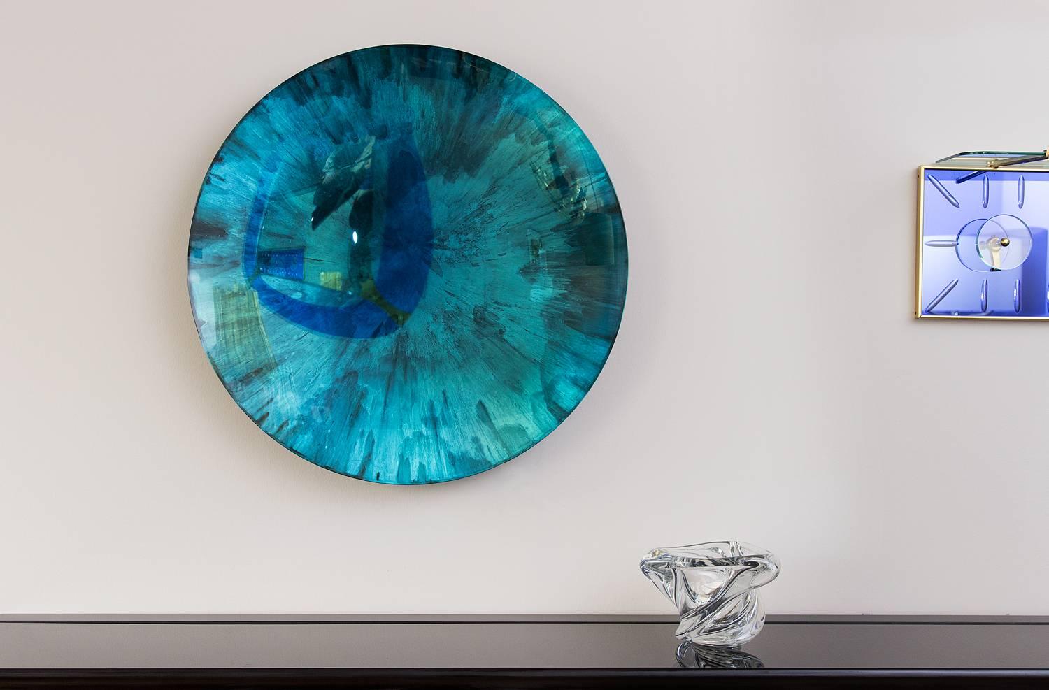 Amazing mirror object by Christophe Gaignon, France in 2015, handmade unique piece by the artist, concave glass bowl, blue green reflections, brass mount, signed on the backside
 
Dimensions: Diameter 89 cm, depth 11 cm.