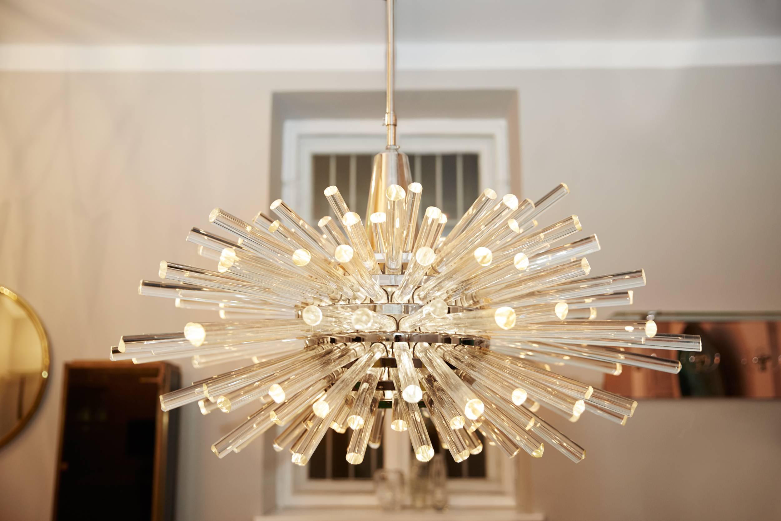 Very big original Chandelier by Bakalowits & Söhne, Vienna circa 1960, nickel-plated, crystal glass, height 140 cm / 55 inch (rod can be shortened) , diameter 100 cm / 39,3 inch, star lamp height 58 cm / 22,8 inch.
Polished nickel suspension,