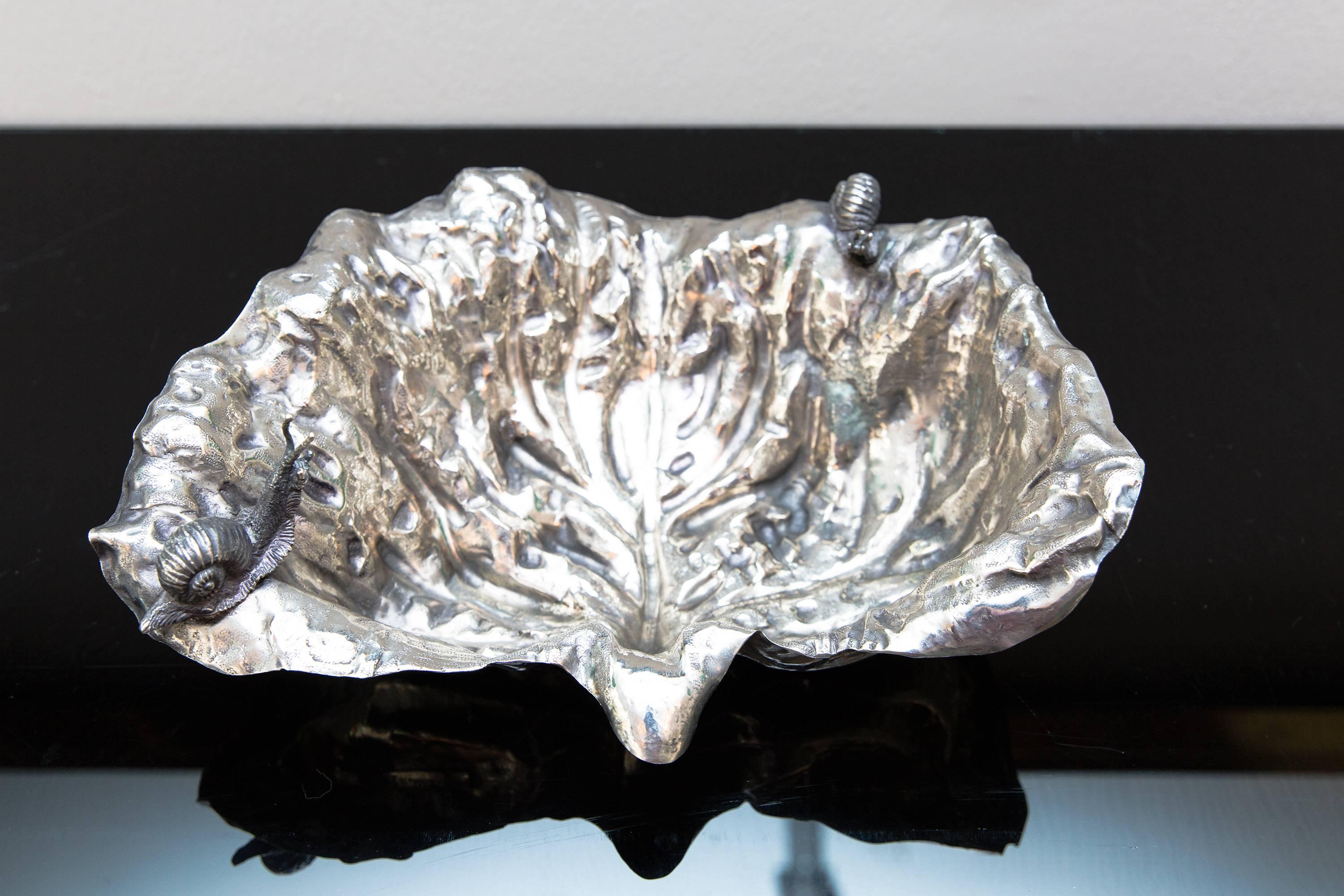 Very rare bowl by Gabriella Crespi, Italy, circa 1970, silver plated brass, with snakes elements, cabbage leaf, signed on the side. Authenticity by the Archivio Gabriella Crespi is enclosed.